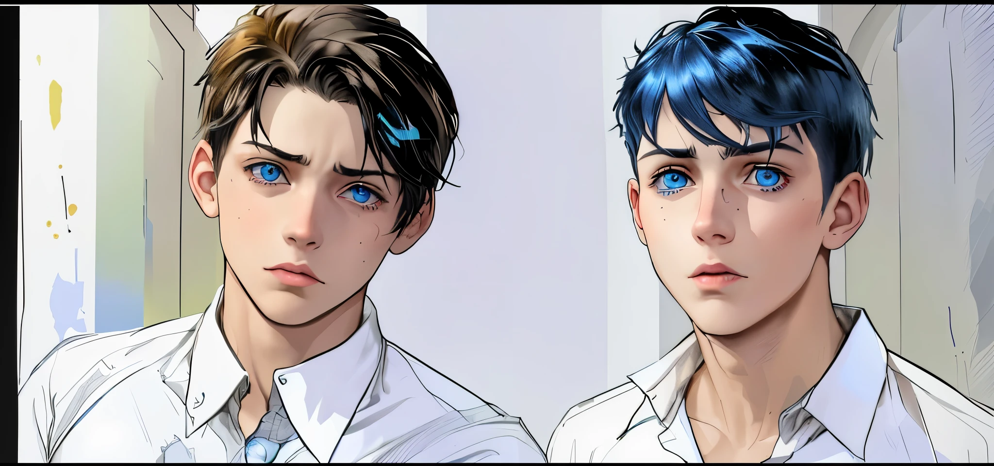 two 15 year old boys, one of them has blue hair, blue eyes, they look with fear