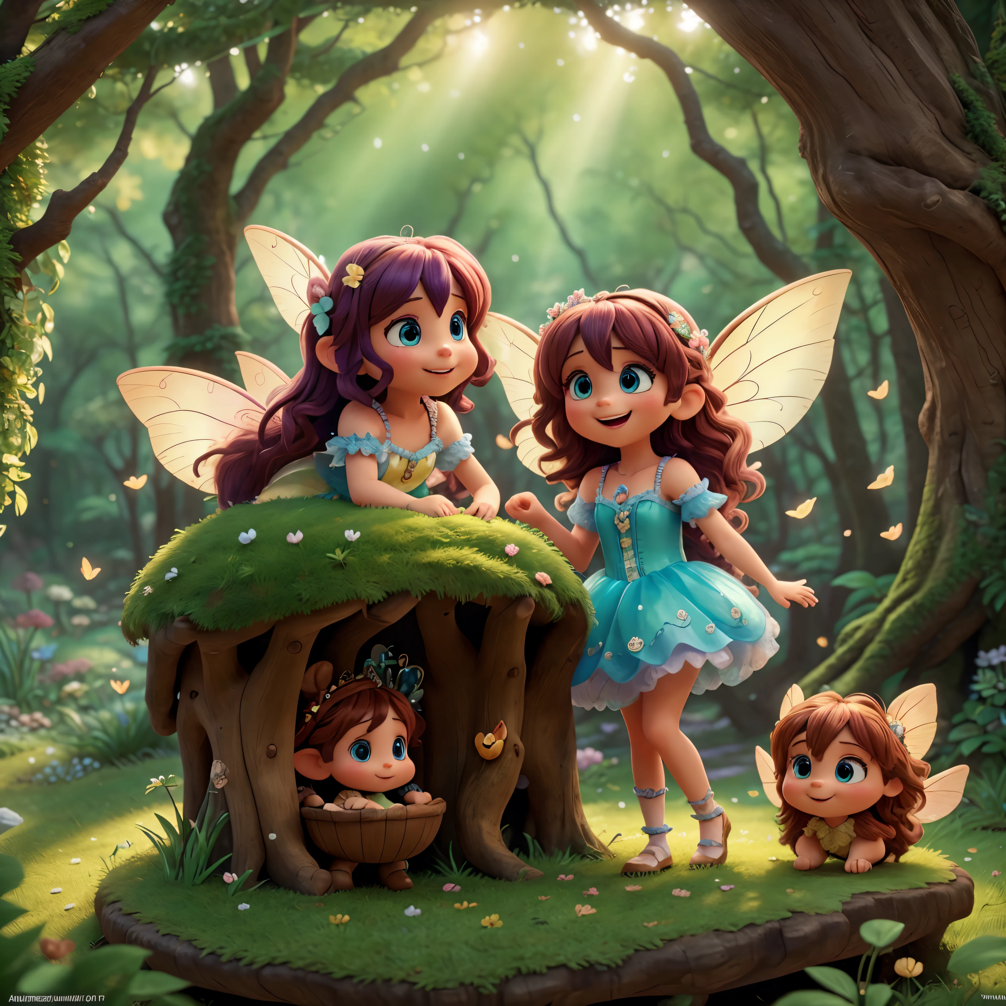 UHD photo of an insanely cute and gorgeous fairy welcoming a visitor in a magical world with a laughing insanely cute fairy, 
and a glowing magical forest., ultra hd, realistic, vivid colors, highlydetailed, UHD drawing, pen and ink, perfect composition, 
beautiful detailed intricate insanely detailed octane render trending on artstation, 8k artistic photography, 
photorealistic concept art, soft natural volumetric cinematic perfect light

