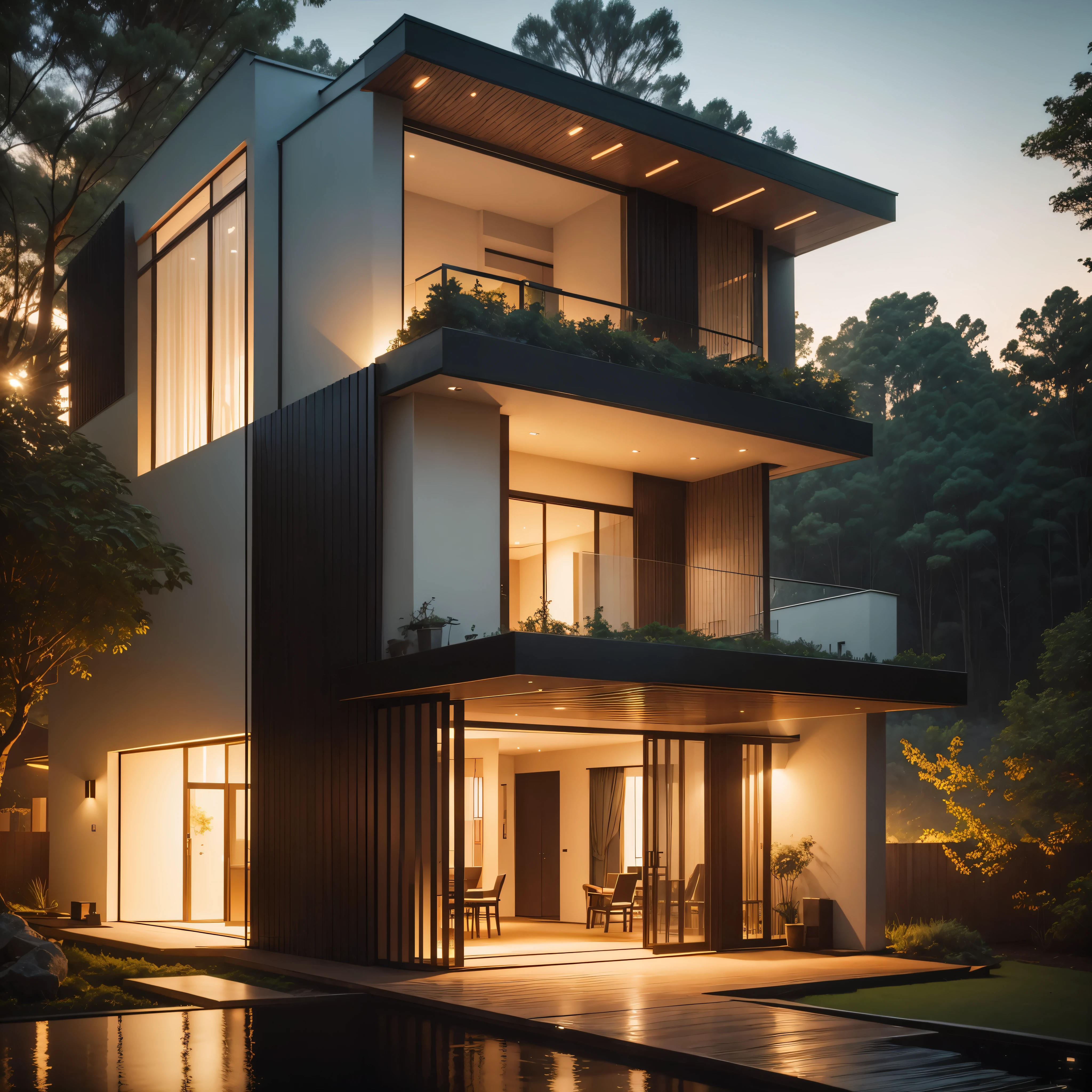 a modern villa in the forest, golden hour, cinematic lighting, photo realistic, concreate elements, render concreate, large modern residence, designed roofs, architectual visualization, architectural rendering, golden hour, render cozy environment, green elements