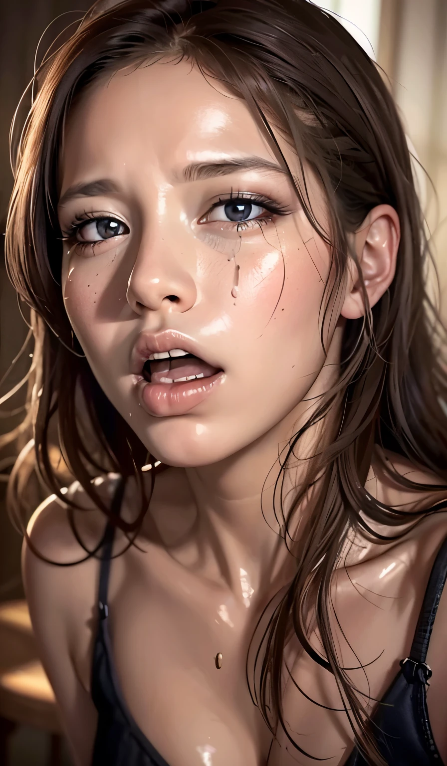 A large amount of  flows from the mouth, mouth wide open, sweating, I&#39;m overflowing with tears, reach expression, fascinating eyes, hyperrealistic digital painting, Very realistic digital art, realistic digital painting realistic beautiful face, Surreal digital art