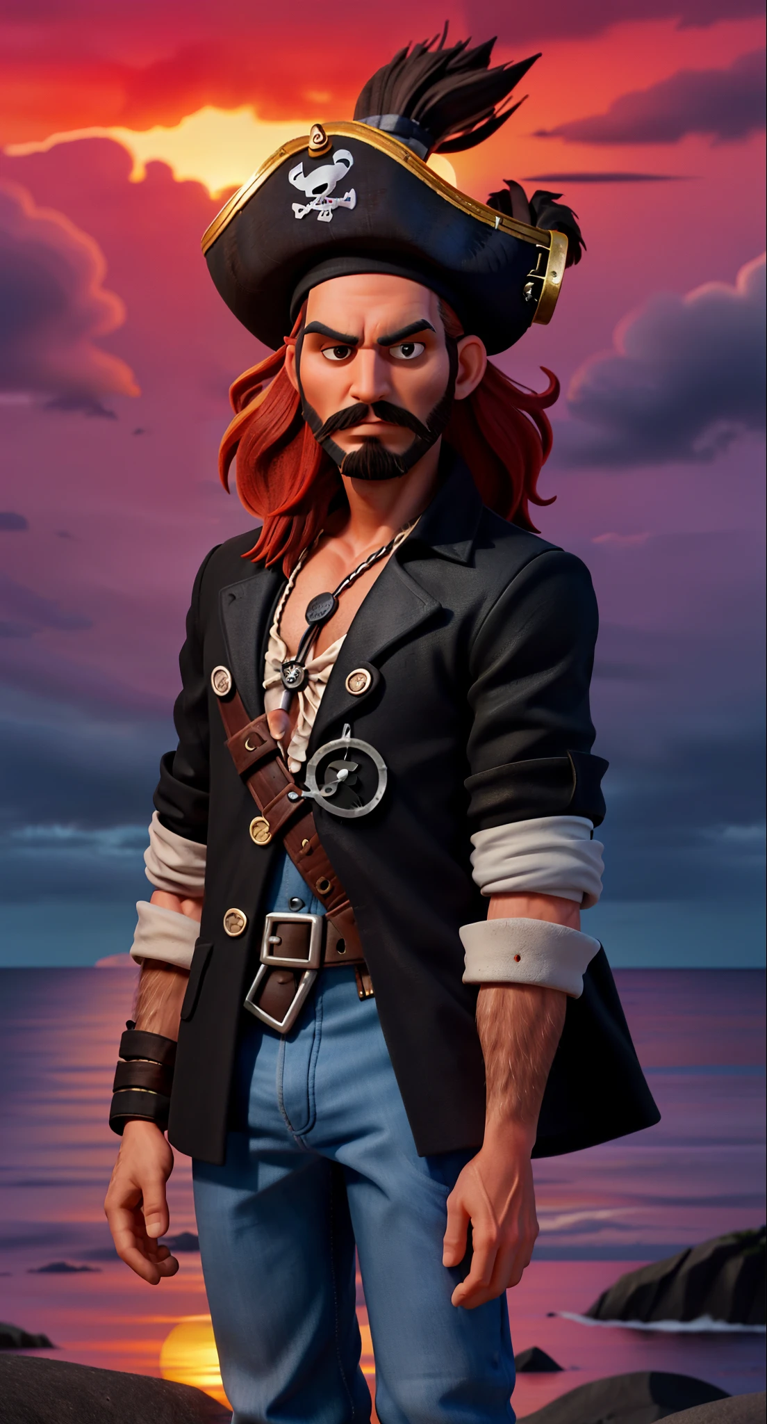 pirate captain on the beach, black beard, sunset, dramatic heavy clouds