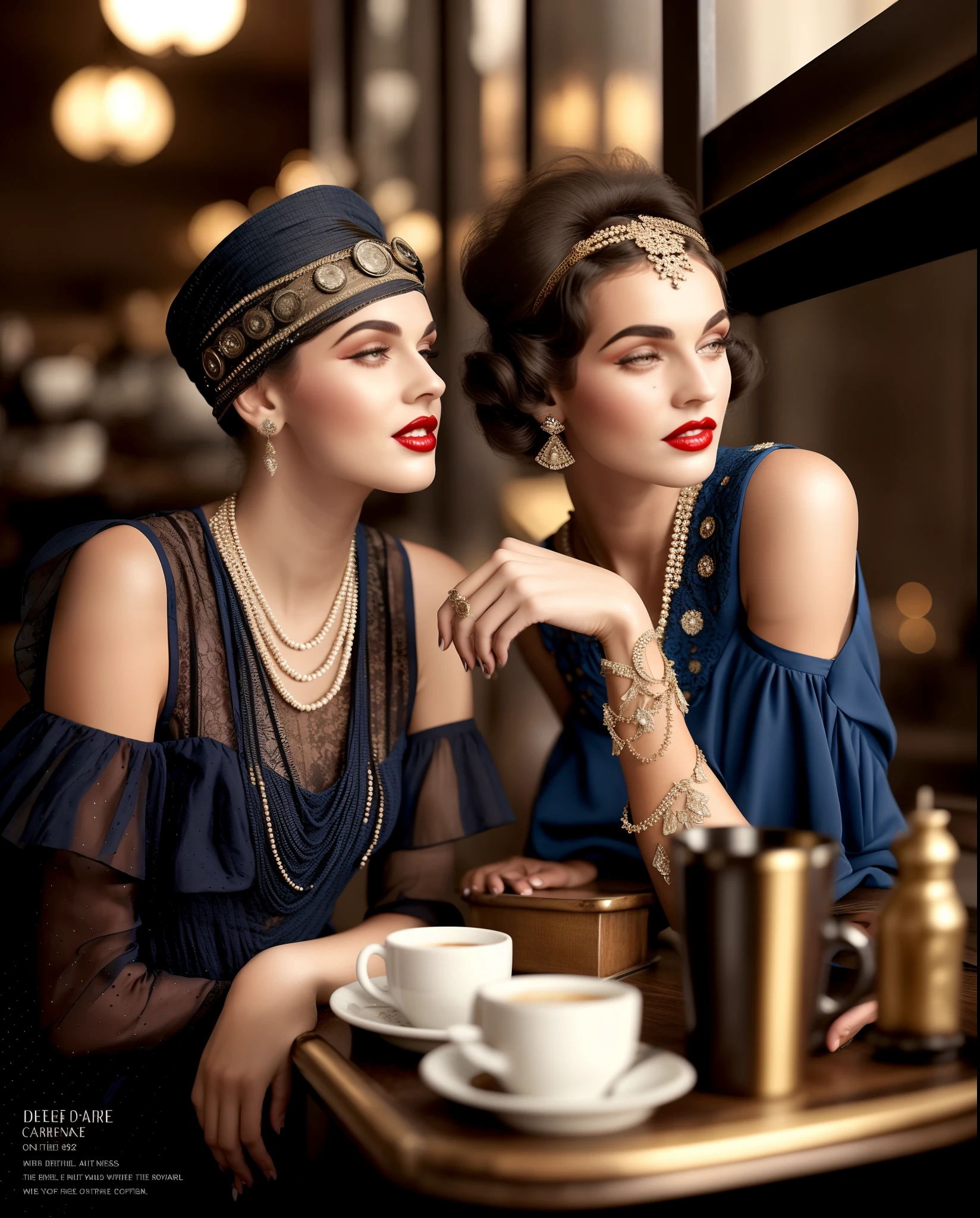 Two women in trendy dresses sitting at the table,Coffee on hand, wearing 1920s fashion, 1 9 2 0 s style, 1920s style, 1920s atmosphere, 1 9 2 0 s fabric style, 1920s fashion, Dystopian retro 1920s vibe, Roaring 20s,perfect hands,White lace high-end clothing,