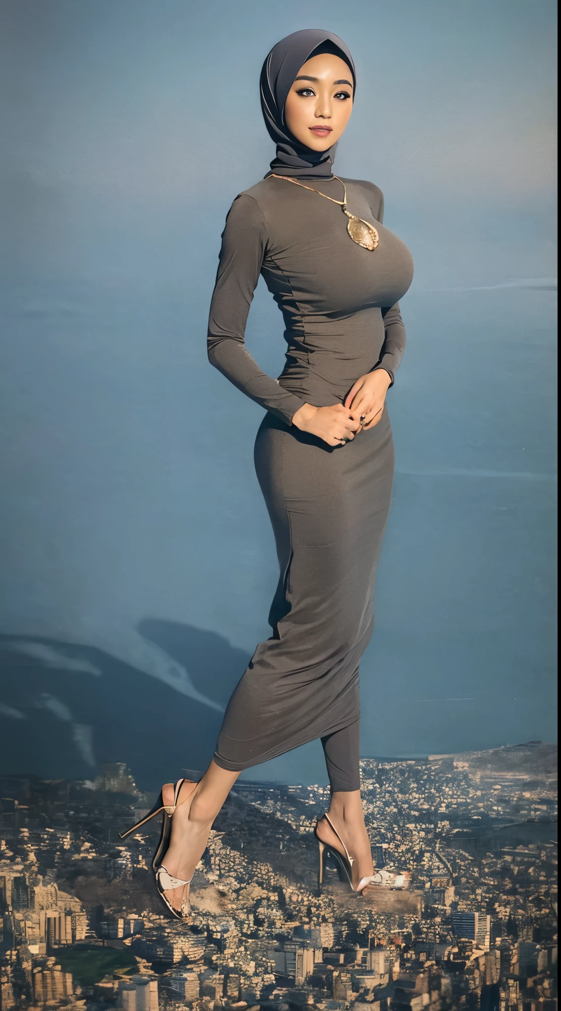 RAW, Best quality, high resolution, masterpiece: 1.3), beautiful Malay woman in hijab,Masterpiece, perfect slim fit body, (Huge breast), Massive Gigantic Round Tits : 196.9, big gorgeous eyes, Soft smile, Delicate turtleneck print peplum dress, necklace, shairband, Excellent lighting, Bright colors, Clean lines, mega giantess, Asian, standing, high heels,, skyscrapers, city destruction, collapsing buildings, fire, smoke, explosions, dust explosions, gray tint, clear sky