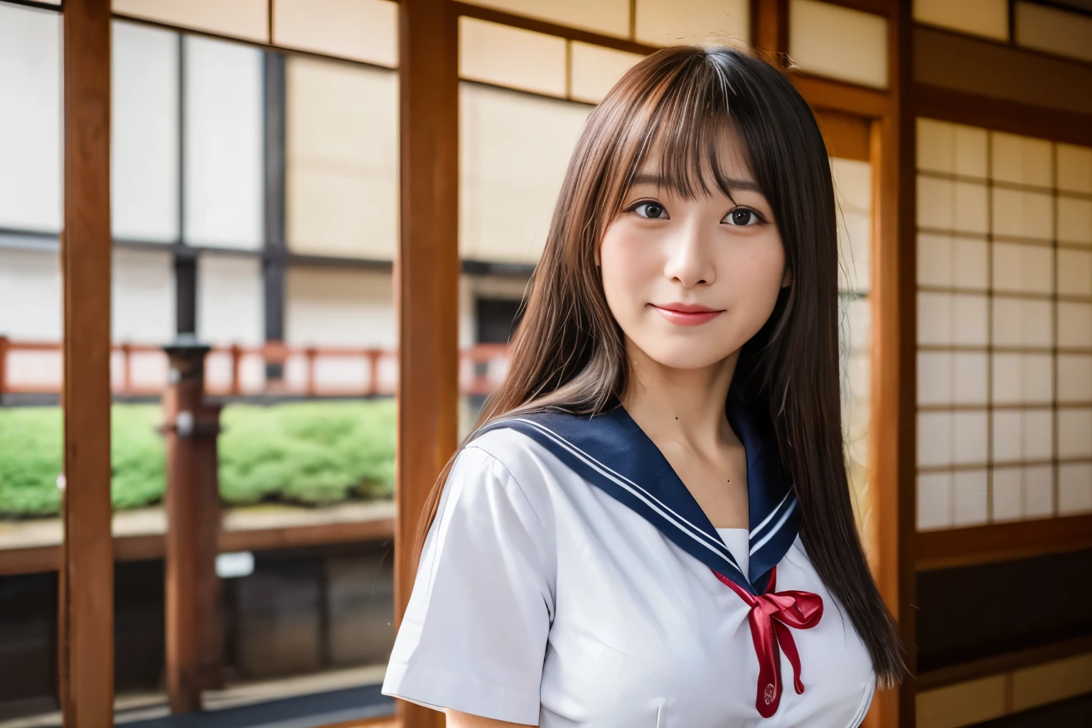 (highest quality,8K,High resolution:1.2),(Beautiful realistic Japan person:1.6)、(cute japanese girl:1.4),(huge breasts:1.25),(glamorous body),(school uniform,serafuku,pleated skirt,sailor collar,white shirt:1.2)、17 years old、Professional、(My dear woman、joy of loving、heartbeat)、