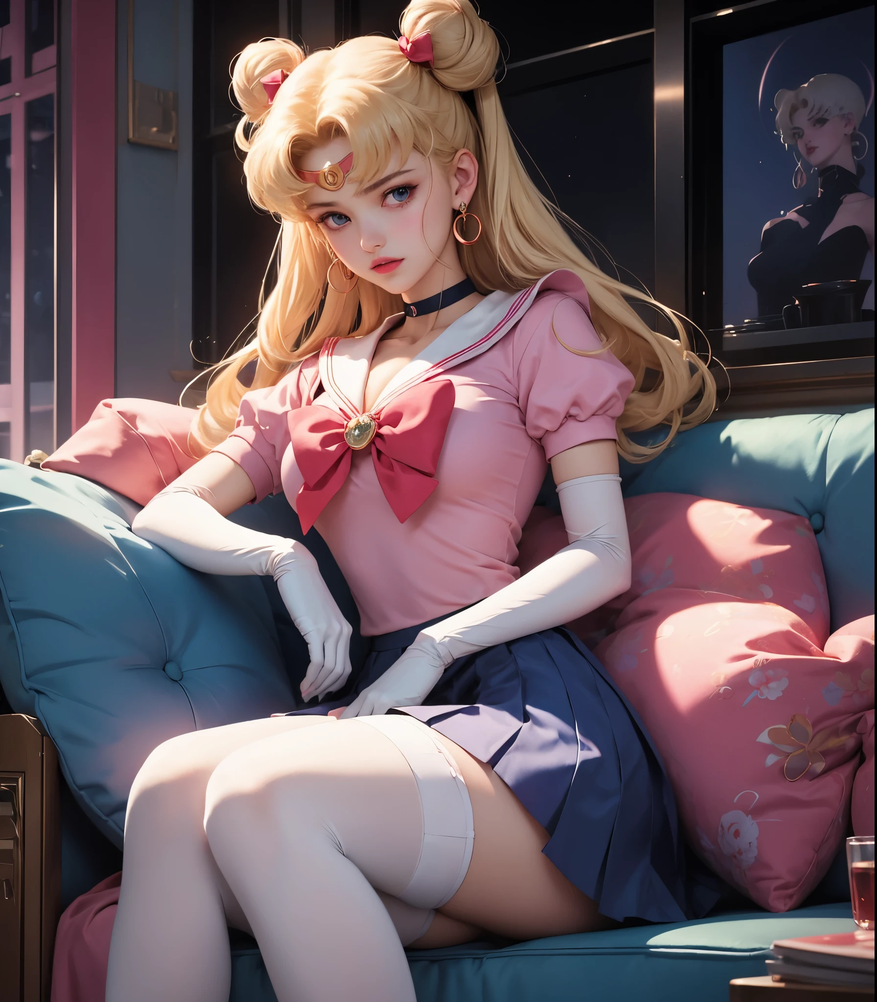 (masterpiece),(sailor moon) (risograph) best quality, full-body shot, expressive eyes, perfect face, medium breast, good breast, beautiful, gorgeous ,sitting on a couch, blonde, medium shot, indoors, lab, cleavage, aausagi, double bun, twintails, parted bangs, circlet, jewelry, earrings, choker, red bow, white gloves, elbow gloves, blue skirt, feminine, blushing,