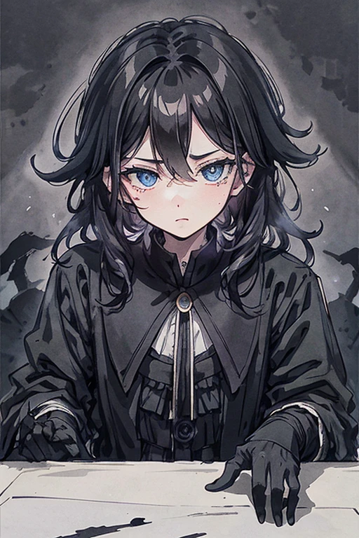 Dark silhouette, upper body, dark shadows, only silhouette, 1boy, ((male)), black hair, ((messy hair)), blue eyes, shadow, dark aura, looking at viewer, deadpan face, shadow, black gloves, 8k, high resolution, high-resolution, super detailed, eyed details, blue eyes, messy hair, black hair, Bangs cover the forehead