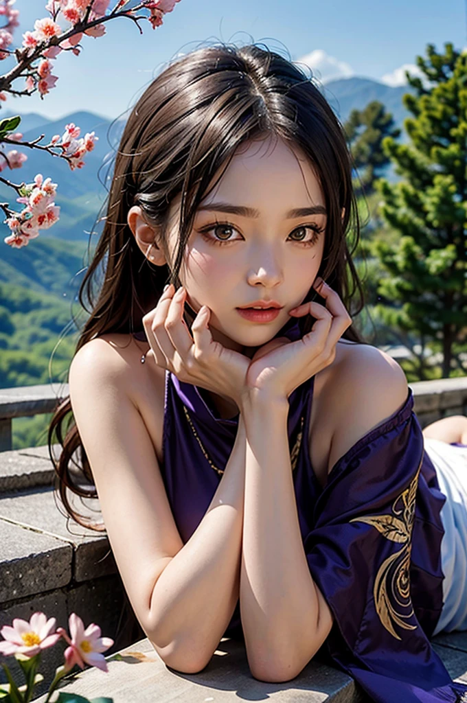 1 girl, upper body portrait close-up, black hair, flowing hair, hazy beauty, extremely beautiful facial features, purple embroidered dress, hairpin on head, lying in a flower bush, hands on the face, perfect anatomy, white flowers, (spring, rainy days, terraces, mountains), simple vector art, contemporary Chinese art, soft light, entangled scarf, looking down