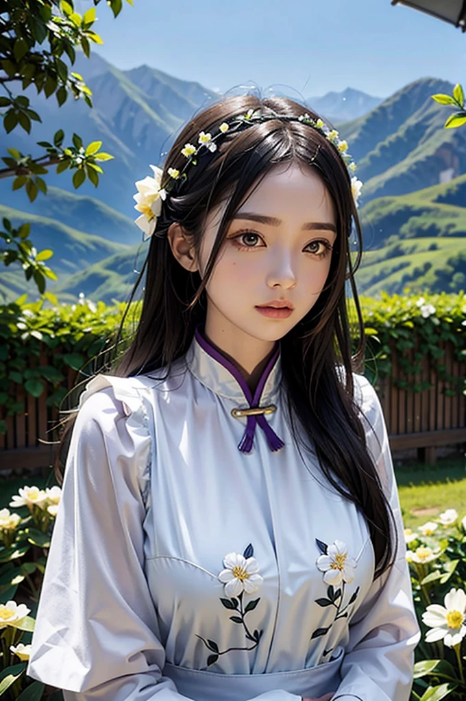 1 girl, upper body portrait close-up, black hair, flowing hair, hazy beauty, extremely beautiful facial features, purple embroidered dress, hairpin on head, lying in a flower bush, hands on the face, perfect anatomy, white flowers, (spring, rainy days, terraces, mountains), simple vector art, contemporary Chinese art, soft light, entangled scarf, looking down