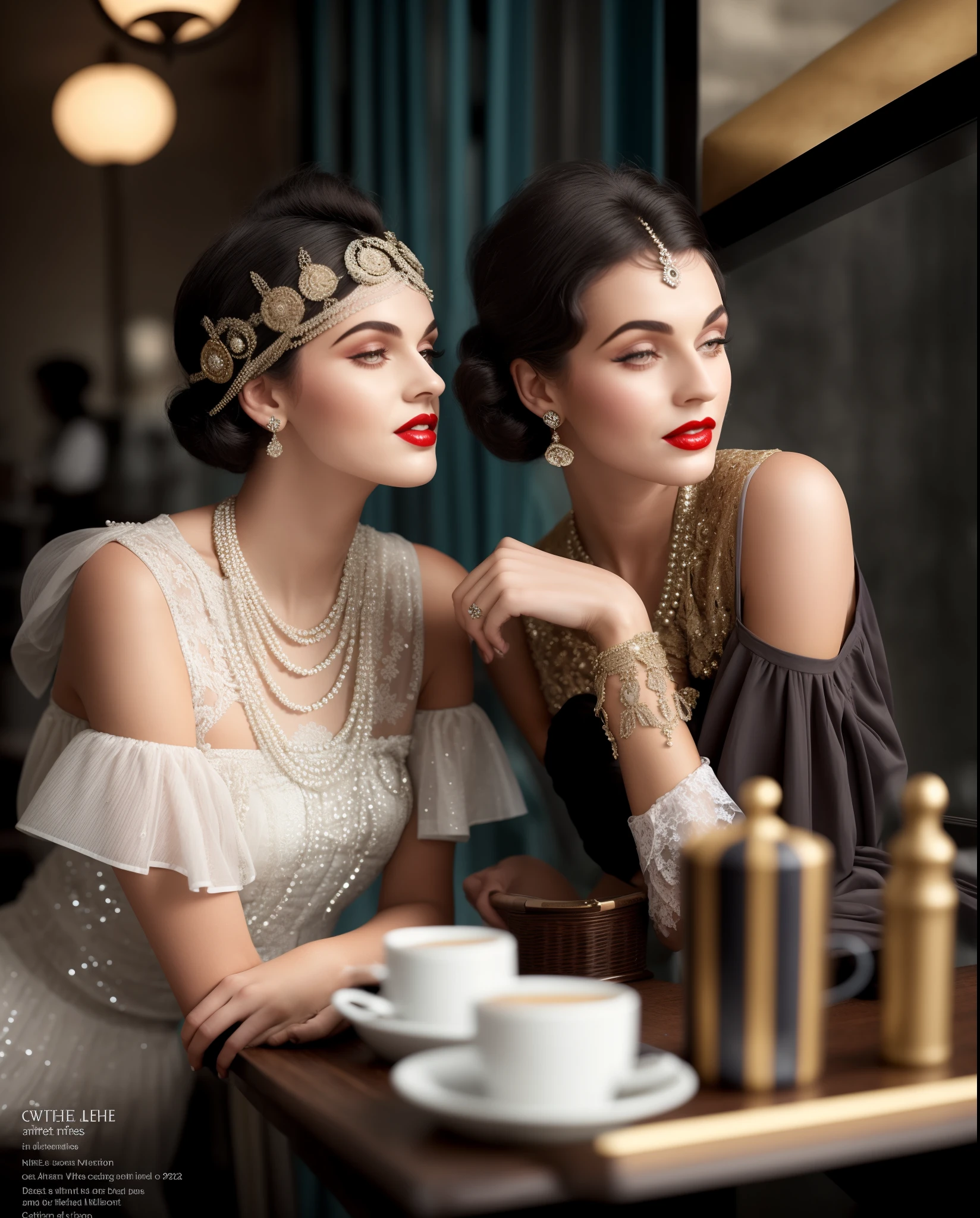 Two women in trendy dresses sitting at the table,Coffee on hand, wearing 1920s fashion, 1 9 2 0 s style, 1920s style, 1920s atmosphere, 1 9 2 0 s fabric style, 1920s fashion, Dystopian retro 1920s vibe, Roaring 20s,perfect hands,White lace high-end clothing,