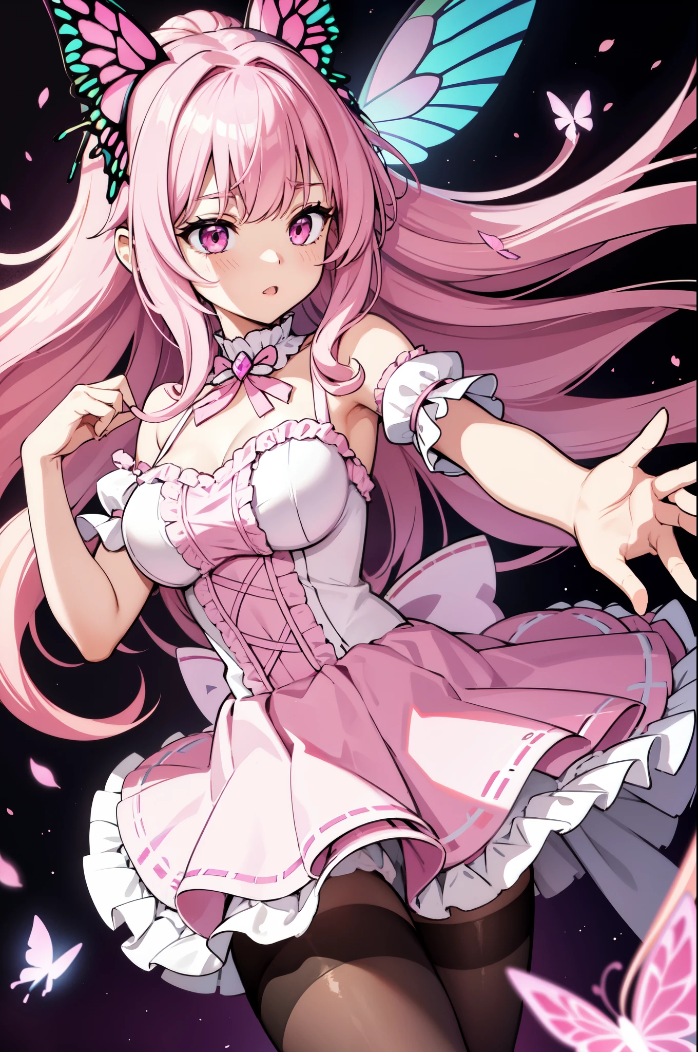 1girl, (pale pink butterfly ears:1.1), (dark magenta hair), (absurdly long hair), (wavy bangs), (pastel pink eyes), (dynamic pose), (colorful idol costume), (frilly skirt), (black lace pantyhose), (cream and pink butterfly wings:1.3), (dynamic angle), more_details:-1, more_details:0, more_details:0.5, more_details:1, more_details:1.5, glowify, more prism, vibrant color, jewelry background, floating gems, floating glass pieces