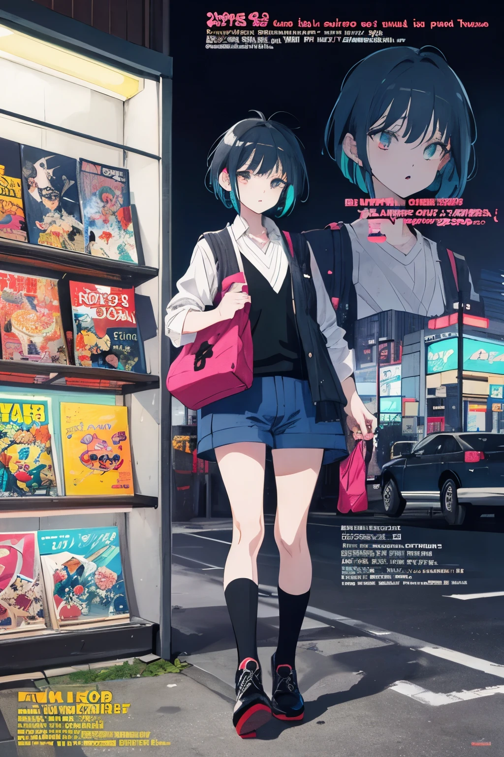 ((best quality)), perfect face, anime 90s retro style, grunge, tokyo city, cartoon,illustration,grunge, neon eyes, woman, tomboy haircut, very short hair, black hair, dark energy,emo clothes style,almond eyes, boy haircut, sweater colorful vest clothes, night,(zoom out), emo style clothes, full body, tall girl, layered hair,(1999 anime), vintage magazine cover, colorful neon  
