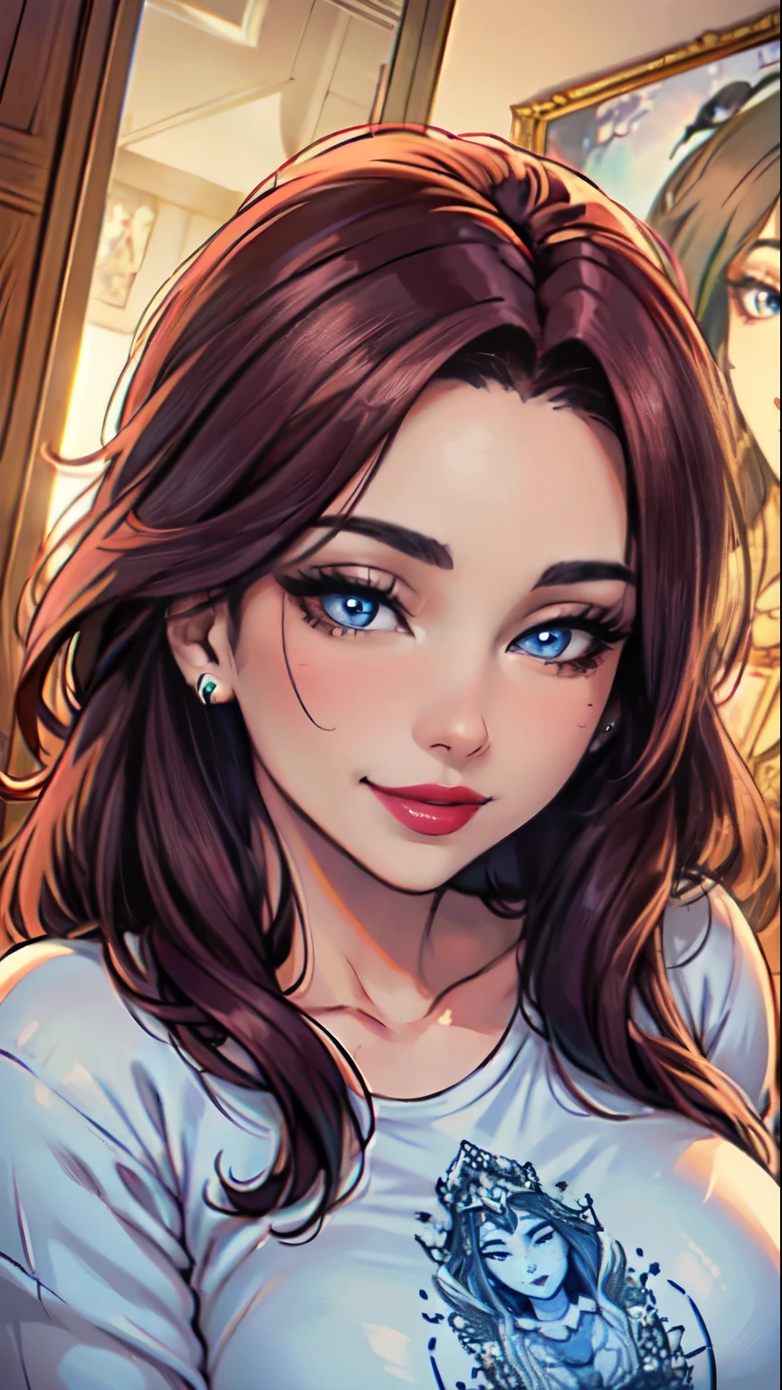 Masterpiece, raw, beautiful art, professional artist, 8k, art style by sciamano240, very detailed face, very detailed hair, (1girl), caressing each other, perfectly drawn body, beautiful face, long brown hair , very detailed green eyes , rosey cheeks, intricate details in eyes, sultry smile, looking directly at viewer , lusty expression, lipstick, very close up on face, wearing cozy tshirt, home setting,