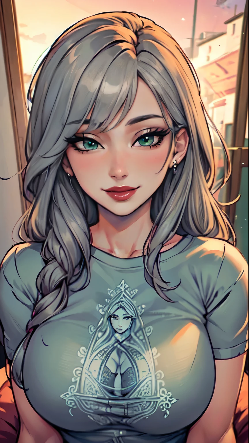 Masterpiece, raw,  beautiful art, professional artist, 8k, art style by sciamano240, very detailed face, very detailed hair, (1girl), caressing each other, perfectly drawn body, beautiful face, long hair , very detailed green/gray eyes , rosey cheeks, intricate details in eyes, sultry smile, looking directly at viewer , lusty expression, lipstick, very close up on face, wearing cozy tshirt, home setting, 