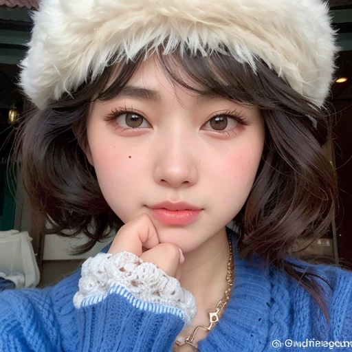 Plump Asian woman in white hat and blue sweater, Ulzzang, young lovely korean face, maquiagem sul-coreana popular, adorable and pale korean face, maquiagem coreana popular, rosto de anime natural fofo, Retrato realista kawaii, small heart-shaped face, young pale and beautiful asian face, garota cara fofa, com cara fofa - linda, beautiful aesthetic face