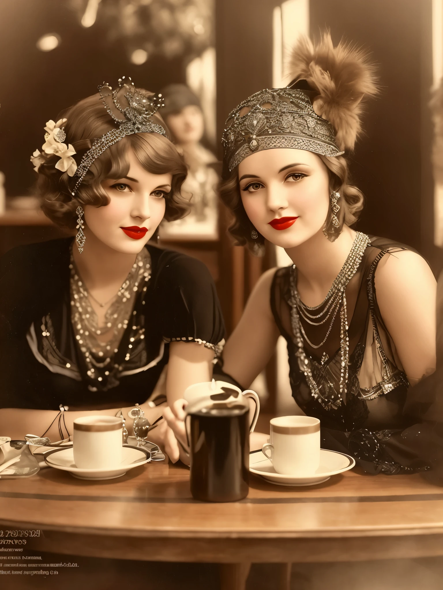 Two women in trendy dresses sitting at the table，Coffee on hand, 1920s atmosphere, 1 9 2 0 s style, 1920s style, Roaring 20s, 1 9 2 0 s fabric style, Dressed in 1920s fashion, roaring twenties, Dystopian retro 1920s vibe, Art Deco era)