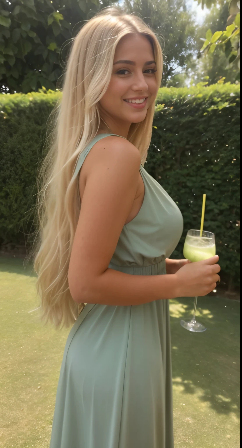 A 23-year-old blonde woman, ((pechos grandes)), ((hiperrealismo)) ,. blonde hair with light brown roots. cabello rubio, Hair with brown roots, cabello extra largo, cabello muy largo, really long hair, Beautiful, Front view, selfie, photo taken with iPhone, elegant green dress with escote, escotada, selfie in the rose garden, high quality, selfie iPhone, cleavage, huge breasts, holding sparkling mojito, shy smile, ultraHD