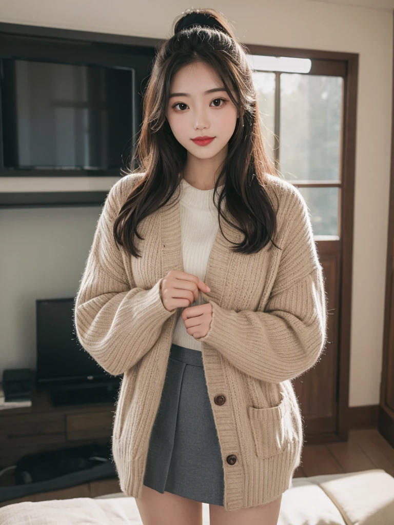 Winter clothes, knit sweater, flared skirt, knee-high socks, boots, masterpiece, super high resolution, super high definition, super detailed, photo-like quality, 20 years old, female, cute, Japanese, looks like Satomi Ishihara, excellent style, Medium length, double eyelids, tear bags, sexy lips, indoors, natural lighting, standing, composition that shows the entire body, details down to the fingers, smile,