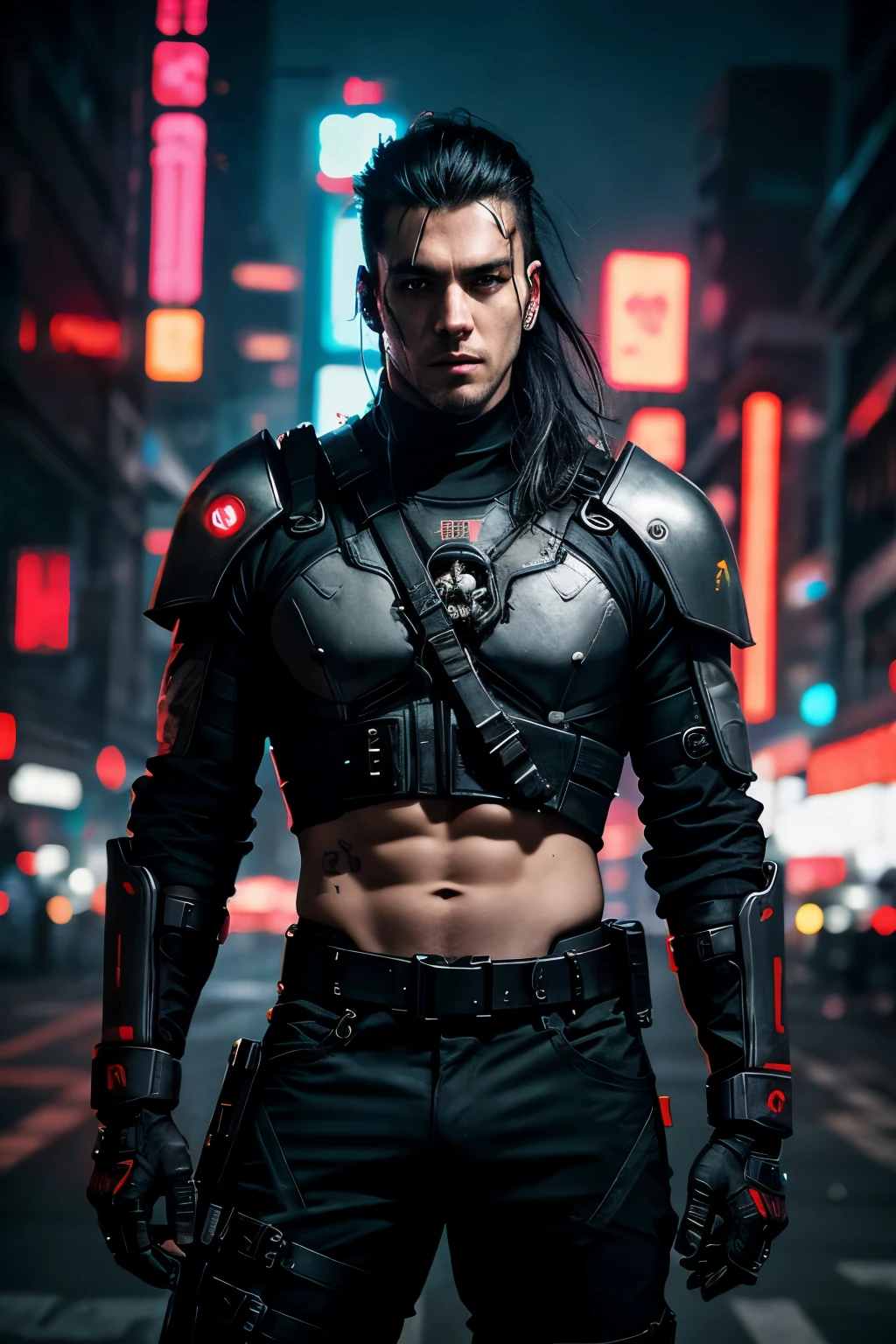 Professional photo in cyberpunk style, thigh-high photo, one man, metal skull, scar on face, metal torso, metal arms, old rusty armor, night city, neon lights, eye contact, looking at viewer, masterpiece, best quality, perfect  detail, perfect face detail, perfect eye detail, perfect skin detail, depth of field, perfect lighting