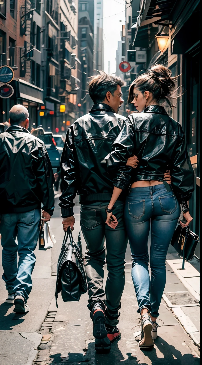 couple, full body, low back view, handsome older man, athletic build, jacket and jeans, protecting his younger girlfriend with one arm, long brown hair, jeans, walking in the city at night.
