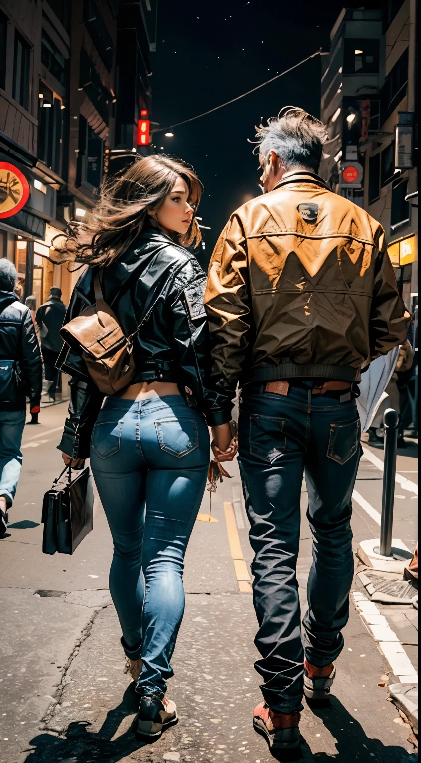 couple, full body, low back view, handsome older man, athletic build, jacket and jeans, protecting his younger girlfriend with one arm, long brown hair, jeans, walking in the city at night.