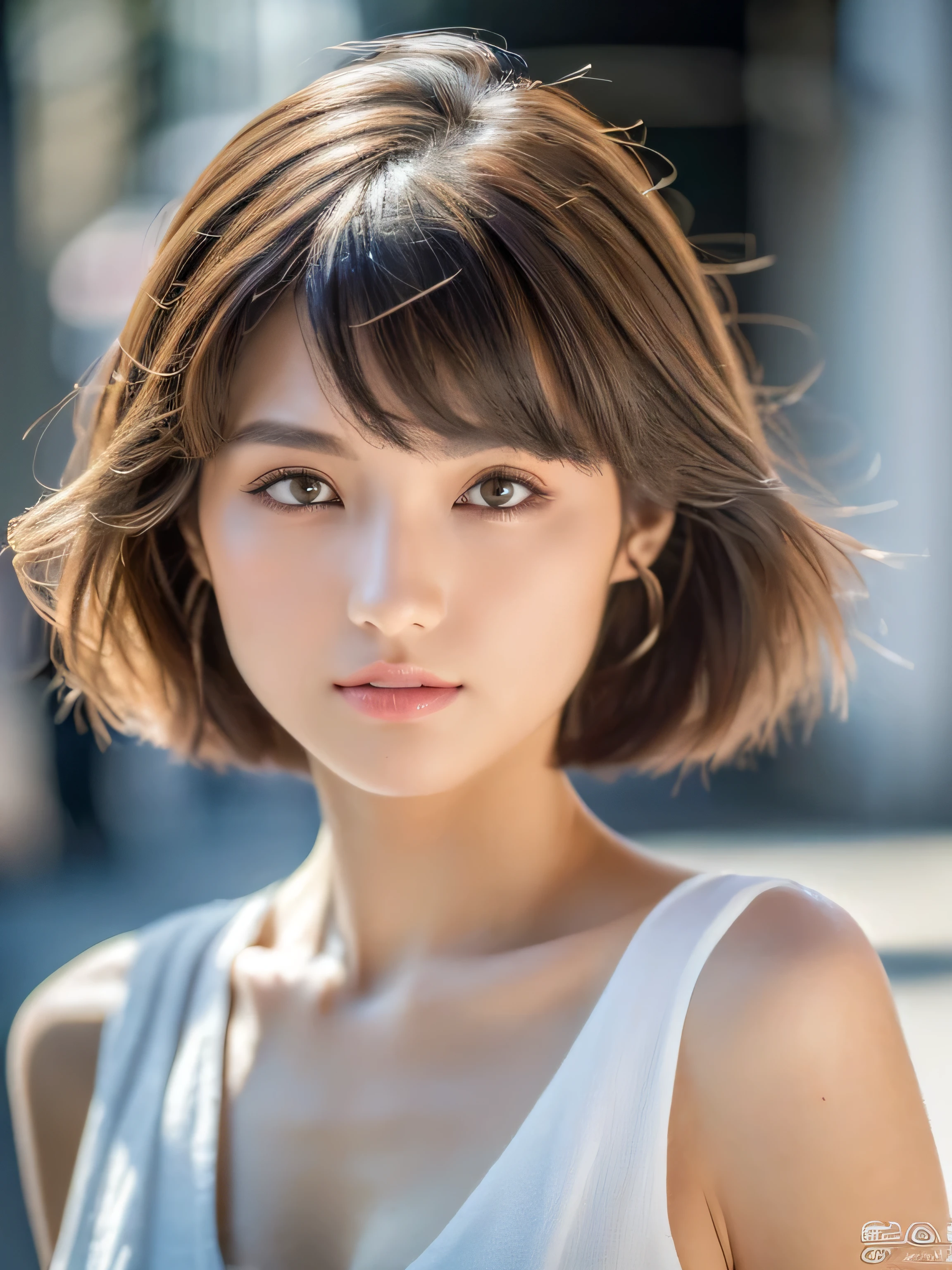 ((Best Quality, 8k, Masterpiece: 1.3)), Focus: 1.2, Perfect Body Beauty: 1.4, Buttocks: 1.2, ((Layered Haircut, Flat Chest: 1.2)), (Street:1.3), White Dress: 1.1, Highly Detailed Face and Skin Texture, Fine Eyes, Double Eyelids, Whitened Skin, Long Hair, (Shut Up: 1.3)