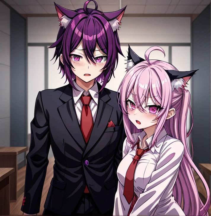 cartoon drawing of a person with a purple hair and a red tie, in an anime style, inspired by Un'ichi Hiratsuka, inspired by Matsumura Goshun, anime catboy, anime moe artstyle, sad vampire, in anime style, she has purple hair, tired haunted expression, tired and haunted expression, 2 d anime style, anime cat