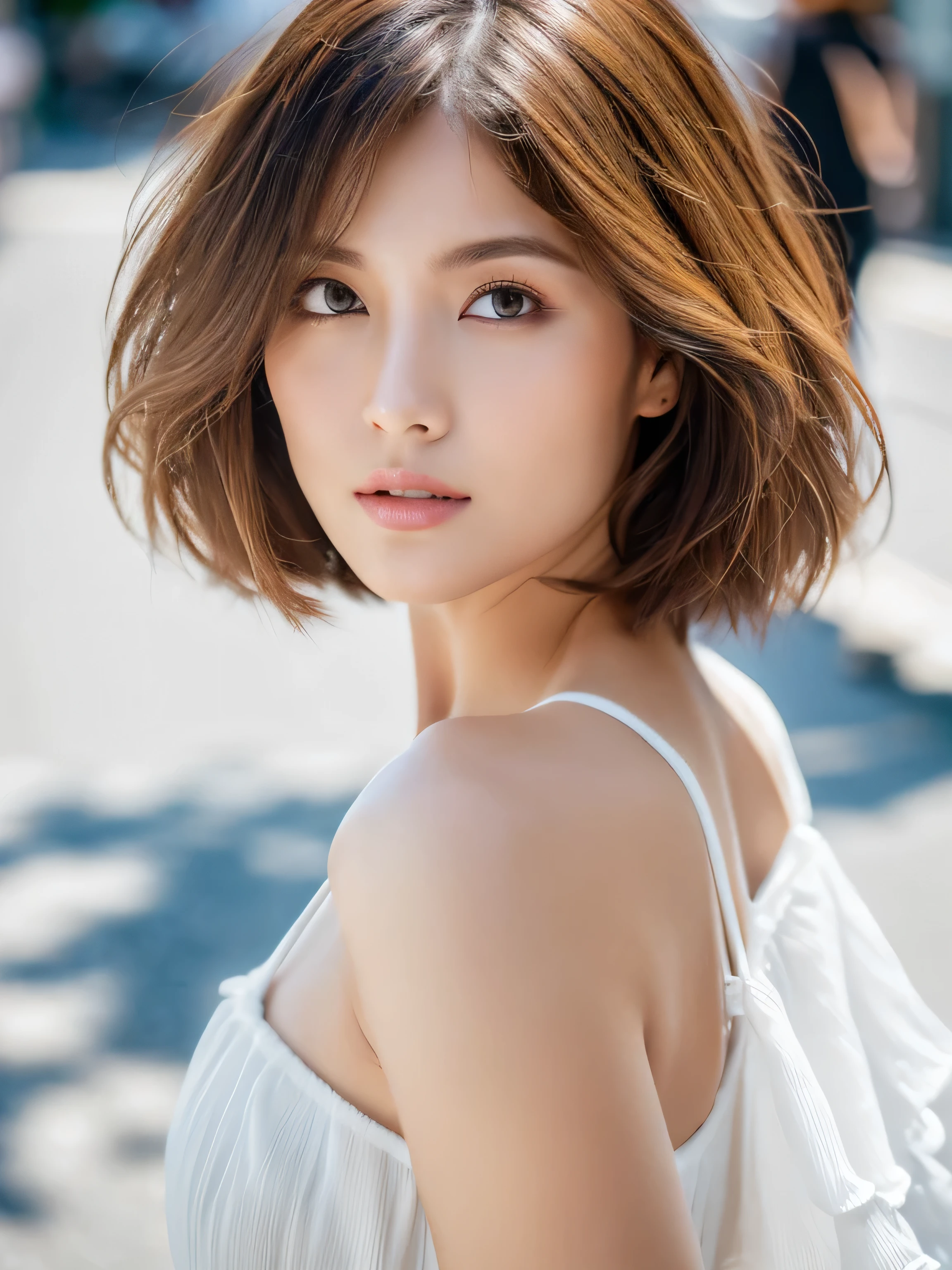 ((Best Quality, 8k, Masterpiece: 1.3)), Focus: 1.2, Perfect Body Beauty: 1.4, Buttocks: 1.2, ((Layered Haircut)), (Street:1.3), White Dress: 1.1, Highly Detailed Face and Skin Texture, Fine Eyes, Double Eyelids, Whitened Skin, Long Hair, (Shut Up: 1.3)