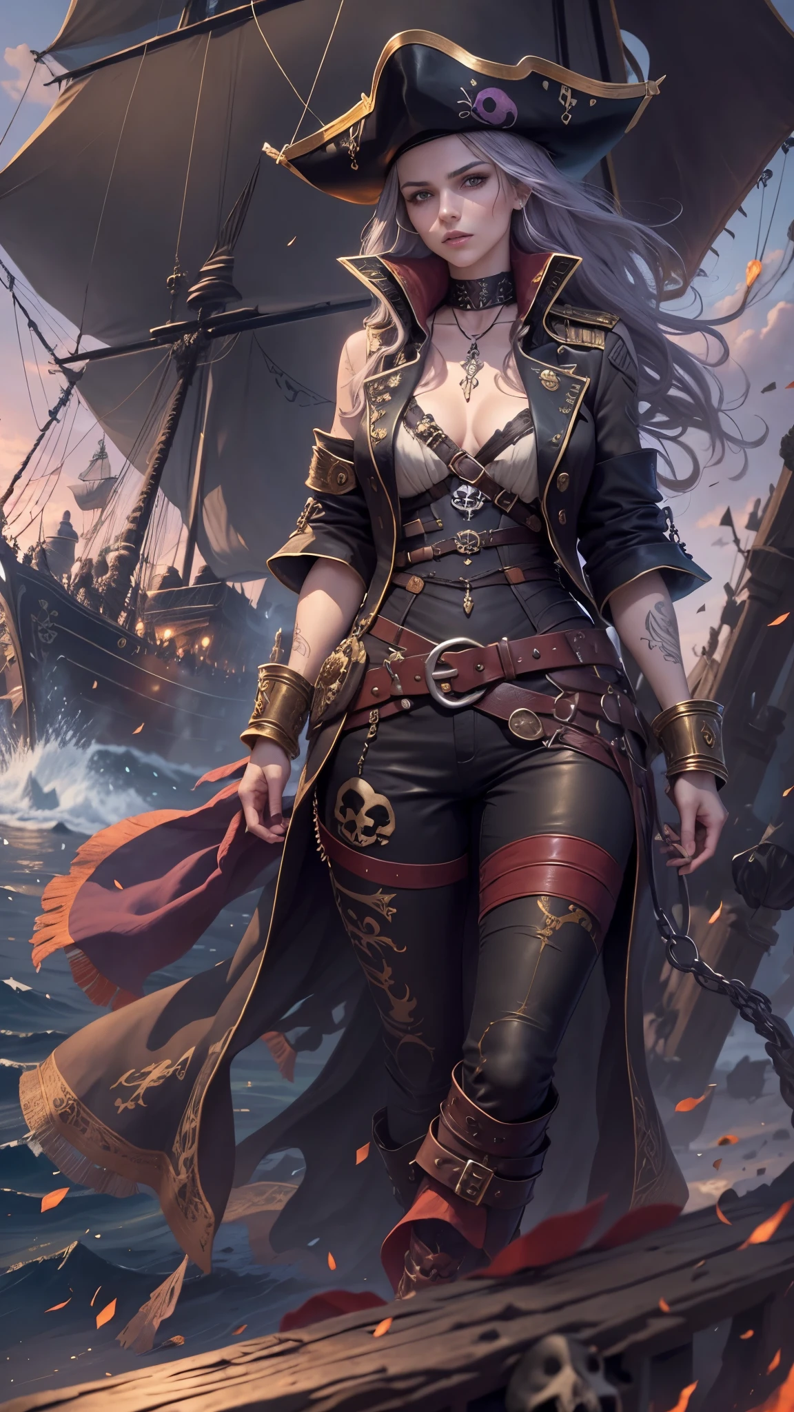 a portrait of a woman vampire pirate queen on a pirate ship ready for battle, ((full body: 1.5)), ((anatomically correct: 1.5)), (ultra detailed face: 1.2), looking tense, looking dangerous,  dynamic eye color, glowing eyes, dynamic hair color, dynamic hair style dynamic skin complexion, wearing 18th century white button shirt, with ((stains of blood: 1.3)), busty , wearing  wearing high heeled boots, it is night time at sea, moon is high, some clouds,18th century pirate ship background,  vibrant, Ultra-high resolution, High Contrast, (masterpiece:1.5), highest quality, Best aesthetics), best details, best quality, highres, 16k, (ultra detailed: 1.5), masterpiece, best quality, (extremely detailed) RAW, (ultra details, Masterpiece, best quality), Hyperrealism style, holding sword, Intense gaze, holding sword rapier, vampire teeth, BloodSoakedAI, holding sword, Dark Art Painting Style