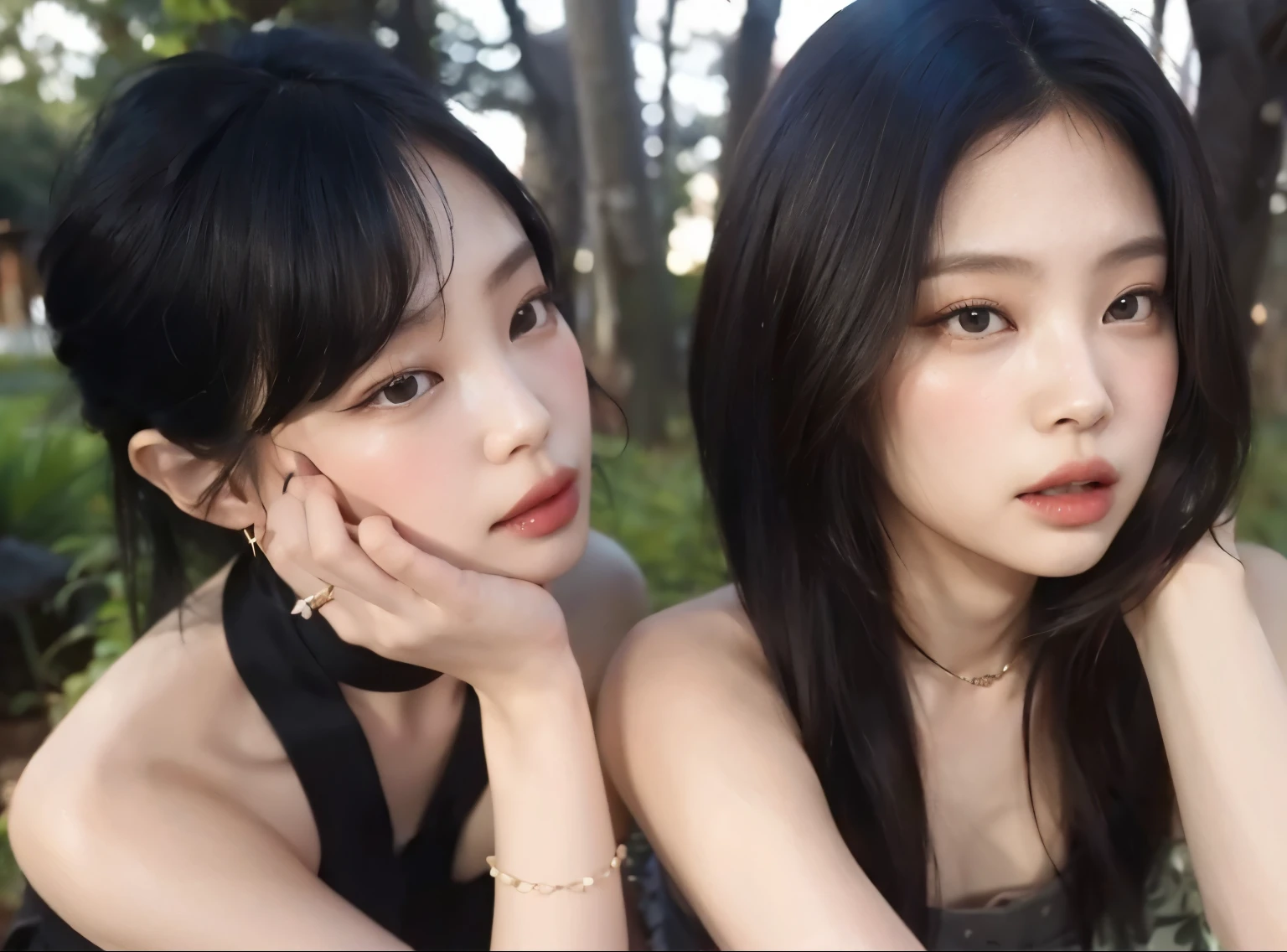 two asian women sitting next to each other in a forest, ulzzang, with black, nixeu and sakimichan, pale and light skin!!, beautiful gemini twins, she has black hair with bangs, South Korean popular makeup, two beautiful anime girls, They are pixivs and junji, two girls, kanliu666, two models in the frame