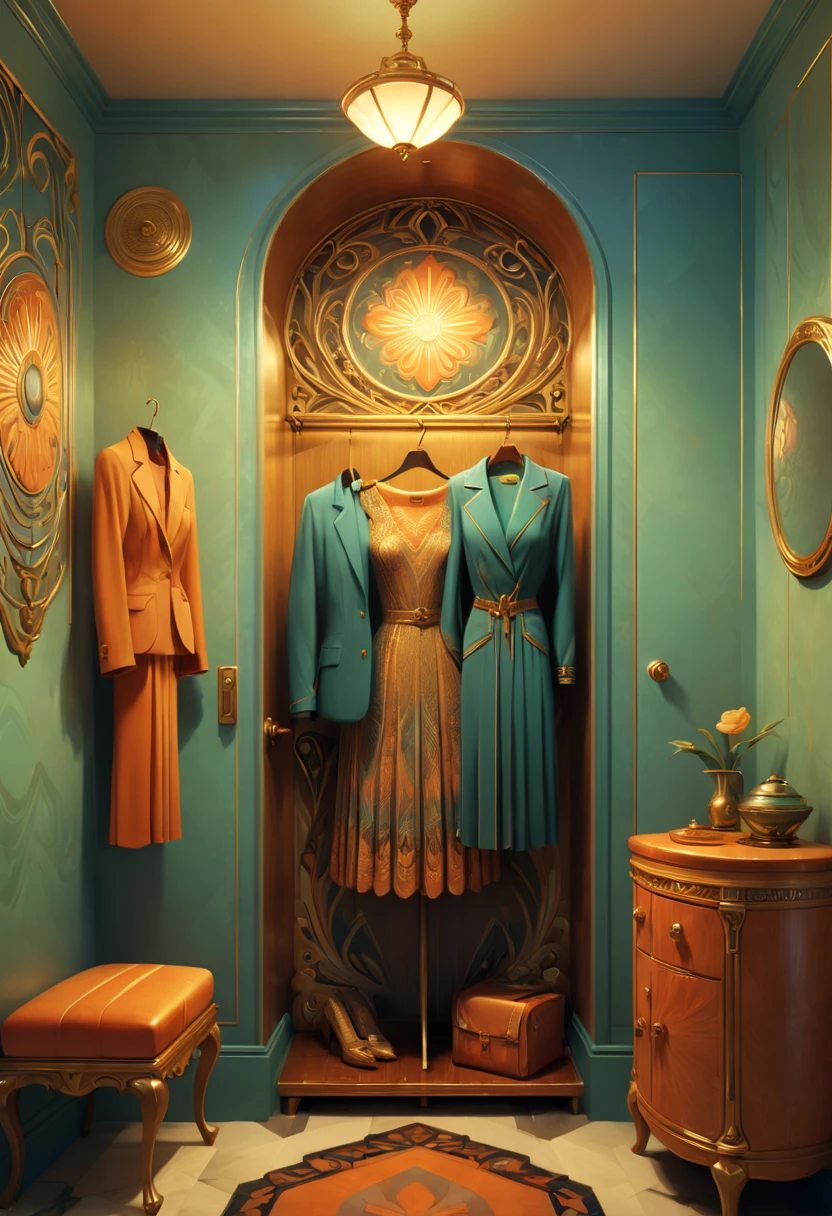 Art Deco, Cloakroom, various styles of clothes, by rhads, octane render, fantasy art, whimsical, intricate, (best quality, masterpiece, Representative work, official art, Professional, 8k)