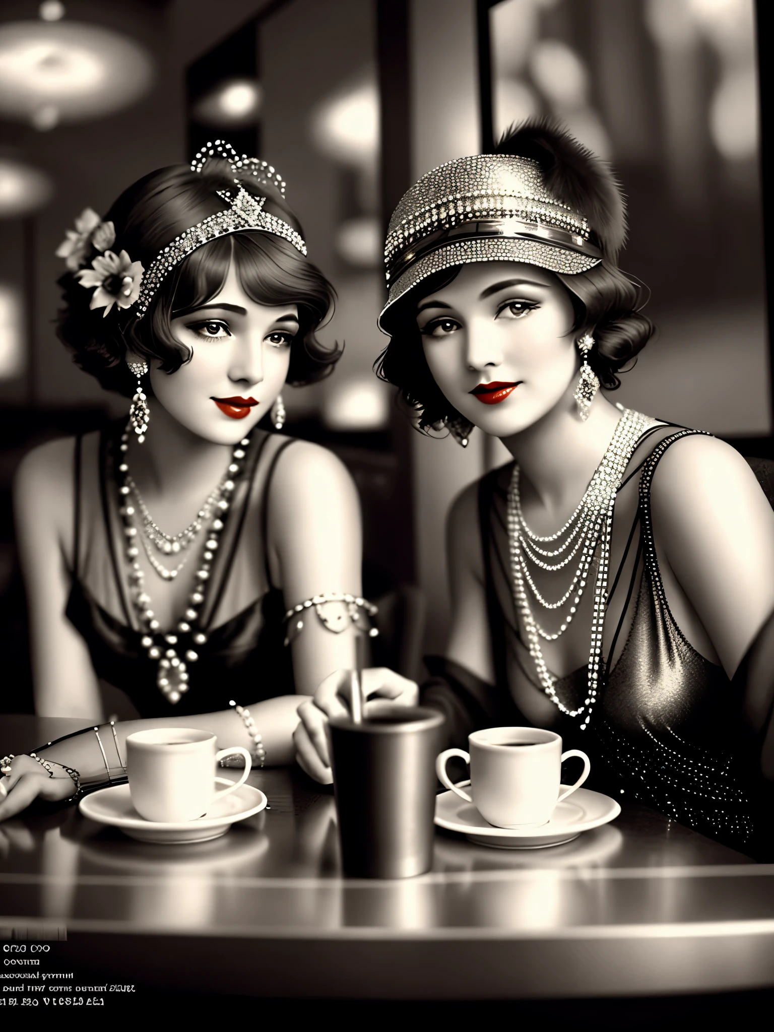 Two women in trendy dresses sitting at the table,Coffee on hand, 1920s atmosphere, 1 9 2 0 s style, 1920s style, Roaring 20s, 1 9 2 0 s fabric style, Dressed in 1920s fashion, roaring twenties, Dystopian retro 1920s vibe, Art Deco era)
