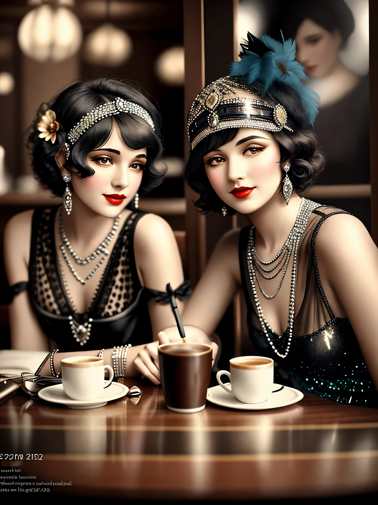 Two women in trendy dresses sitting at the table,Coffee on hand, 1920s atmosphere, 1 9 2 0 s style, 1920s style, Roaring 20s, 1 9 2 0 s fabric style, Dressed in 1920s fashion, roaring twenties, Dystopian retro 1920s vibe, Art Deco era)