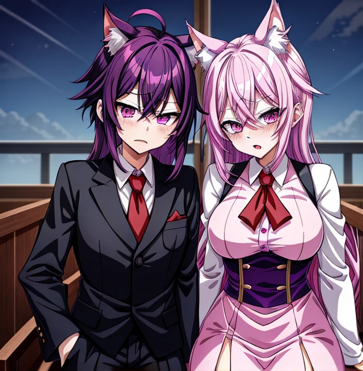 cartoon drawing of a person with a purple hair and a red tie, in an anime style, inspired by Un'ichi Hiratsuka, inspired by Matsumura Goshun, anime catboy, anime moe artstyle, sad vampire, in anime style, she has purple hair, tired haunted expression, tired and haunted expression, 2 d anime style, anime cat