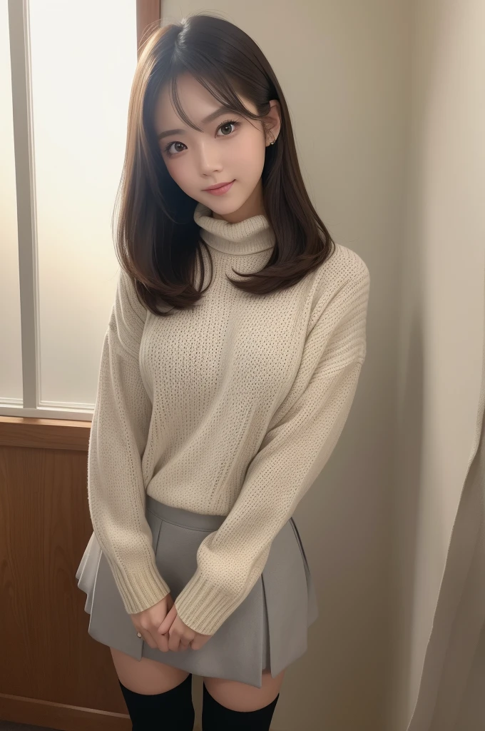 ((best qualtiy、8K masterpiece:1.3))、foco nítido:1.2、(ultra beautiful faces:1.0)、(shiny skins:1.0)、Photos realistic、brunette color hair、Video lighting、High-definition eyes and face、Video lighting、(Korean cute actress)、From the front side、Medium large breasts、ssmile、Slender Abs Beauty、Wear a knitted shirt with an asphalt collar、full photo、ID photo,Winter clothes, knit sweater, flared skirt, knee-high socks, boots, masterpiece, super high quality, super high definition, super detailed, photo-like quality, 20 years old, female, cute, Japanese, great style, medium length, double eyelids, Tear bag, sexy lips, indoors, natural lighting, standing, composition that shows the entire body, details down to the fingers, smile,