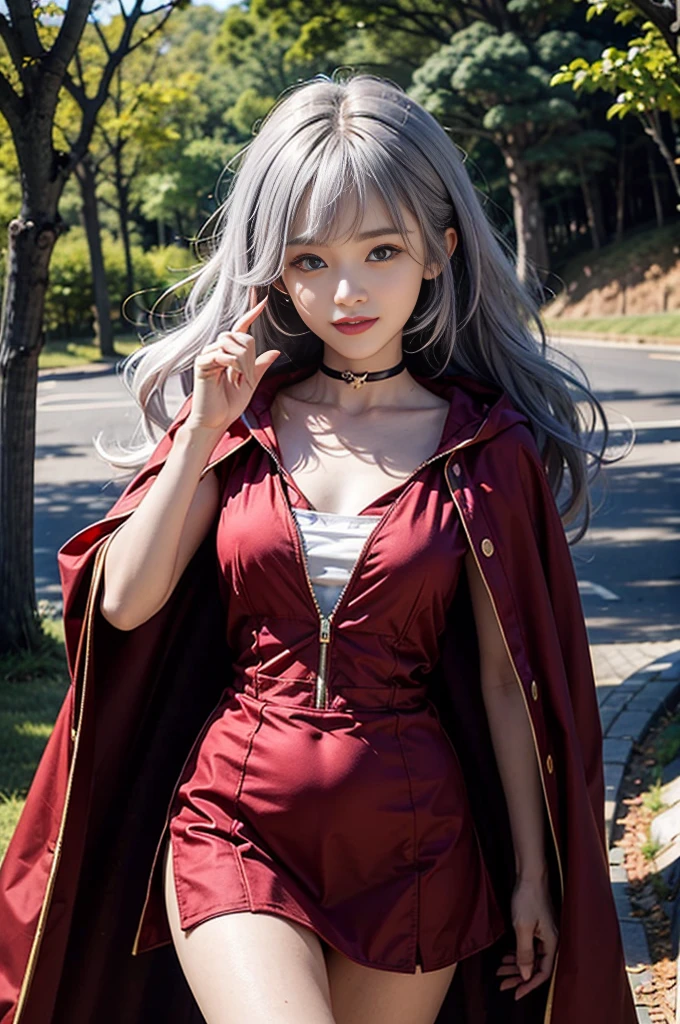 (Best Quality Detail)、realisitic、8K UHD、hight resolution、(1girl in)、The ultra-detailliert、intricate detailes、High quality shadows、Detail Beautiful delicate face、Detail Beautiful delicate eyes、in her 20s、(The best smile)、(ulzzang -6500-v1.1:0.6)、pureerosface_v1、gloweyes、perfectbody、 ((look at viewr))、Hasselblad, Carl zeiss, Incredible dynamic range photography(UTIL_Art by Smoose-768:1.1), (violet hair color)、teak、Glossy lips、Natural color reproduction,((Hood cover))、(a choker)、((Blue eyes))、((Beautiful Finger))、(White hair), (Twin braids)、(Pattsun bangs)、(bangss)、 Shiny hair、Description beautiful delicate hair、(Lustrous skin)、((Hood cover))、、((Little Red Riding Hood)、(red cape)、(a red skirt)、(forest at night)、(( wind))、