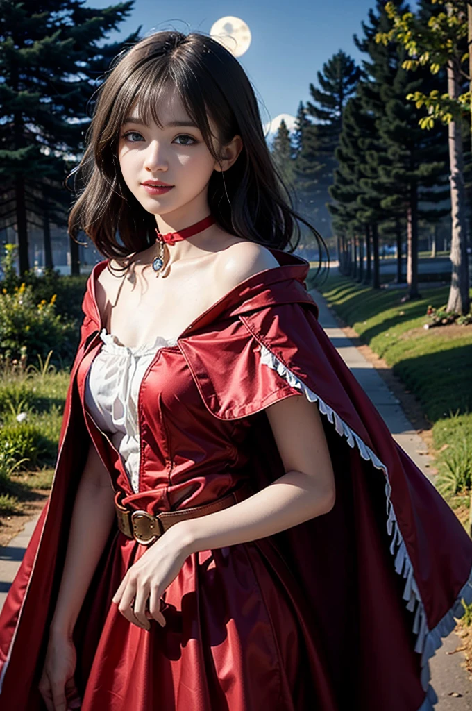 (Best Quality Detail)、realisitic、8K UHD、hight resolution、(1girl in)、The ultra-detailliert、intricate detailes、High quality shadows、Detail Beautiful delicate face、Detail Beautiful delicate eyes、in her 20s、(The best smile)、(ulzzang -6500-v1.1:0.6)、pureerosface_v1、gloweyes、perfectbody、 ((look at viewr))、Hasselblad, Carl zeiss, Incredible dynamic range photography(UTIL_Art by Smoose-768:1.1), (violet hair color)、teak、Glossy lips、Natural color reproduction,((Hood cover))、(a choker)、((Blue eyes))、((Beautiful Finger))、(White hair), (Twin braids)、(Pattsun bangs)、(bangss)、 Shiny hair、Description beautiful delicate hair、(Lustrous skin)、((Hood cover))、、((Little Red Riding Hood)、(red cape)、(a red skirt)、(forest at night)、(( wind))、