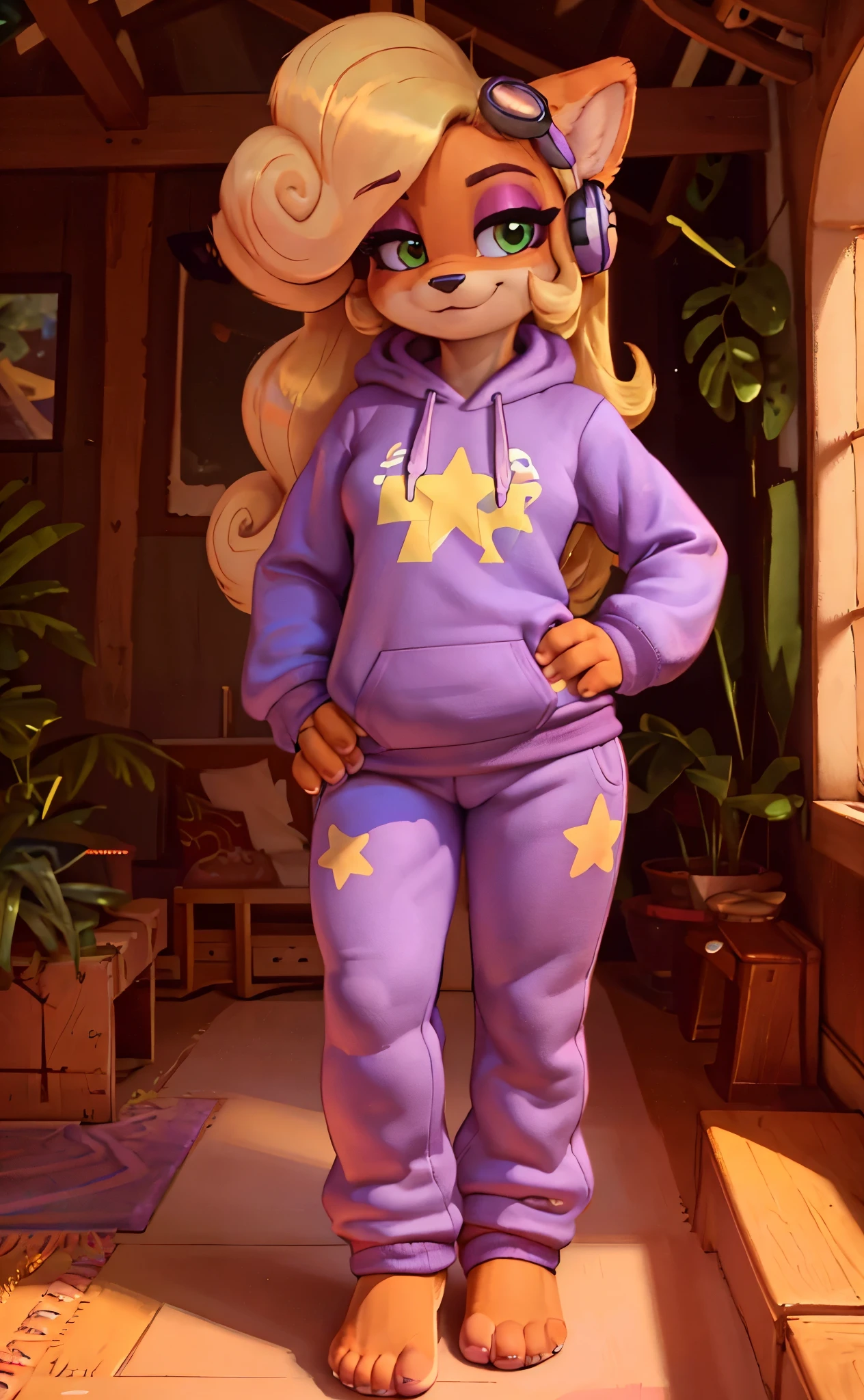 [Coco bandicoot], [Uploaded to e621.net; (Pixelsketcher), (wamudraws)], ((masterpiece)), ((HD)), ((solo portrait)), ((full body)), ((front view)), ((feet visible)), ((furry; anthro)), ((detailed fur)), ((detailed shading)), ((beautiful render art)), ((intricate details)), {anthro; orange fur, black nose, (cute green eyes), (short eyelashes), (pink eyeshadow), (long blonde curly hair), (curvy hips), (beautiful legs), (beautiful feet), (smug smirk), (confident expression)}, {(purple sweatshirt hoodie), (yellow star printed on shirt), (purple jogging sweatpants), (pink headphones)}, {(standing), (hand on hip), (looking at viewer)}, [background; (tropical forest), (tree house), (living room), (pink beanbag), (window), (blue sky), (sun rays)]