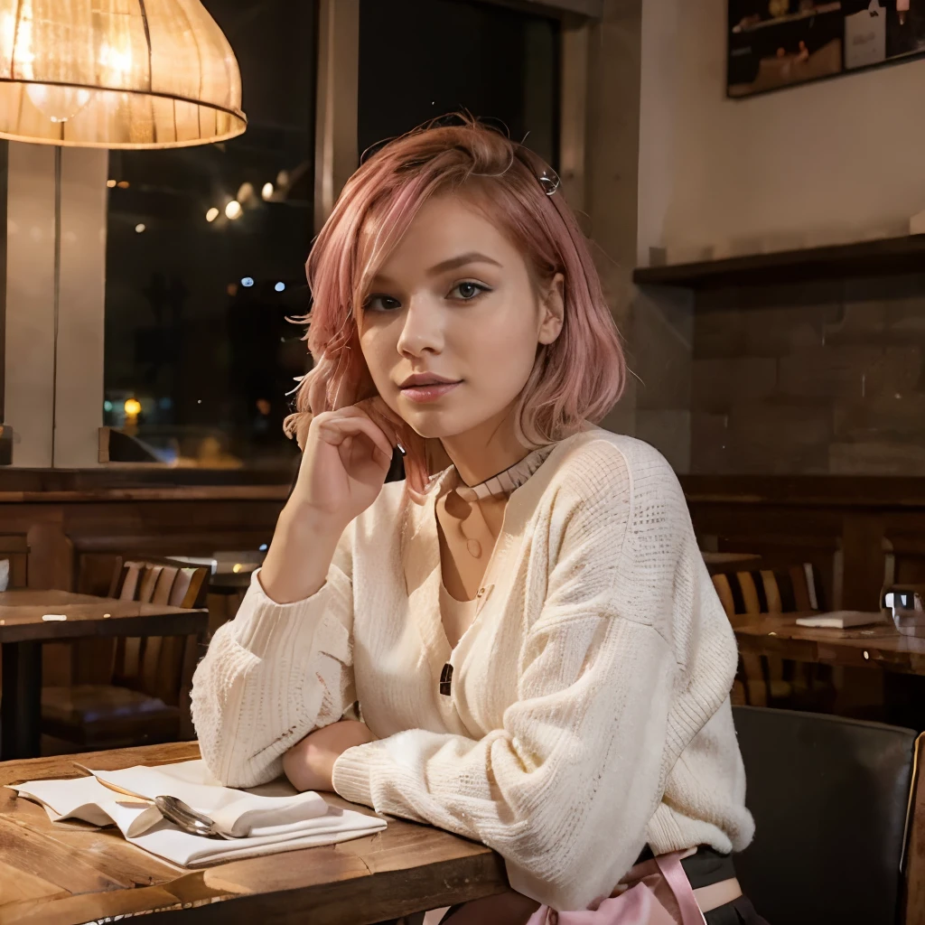 19-years old woman from Poland, short blonde-pink hair, restaurant, dinner, winter elegant outfit
