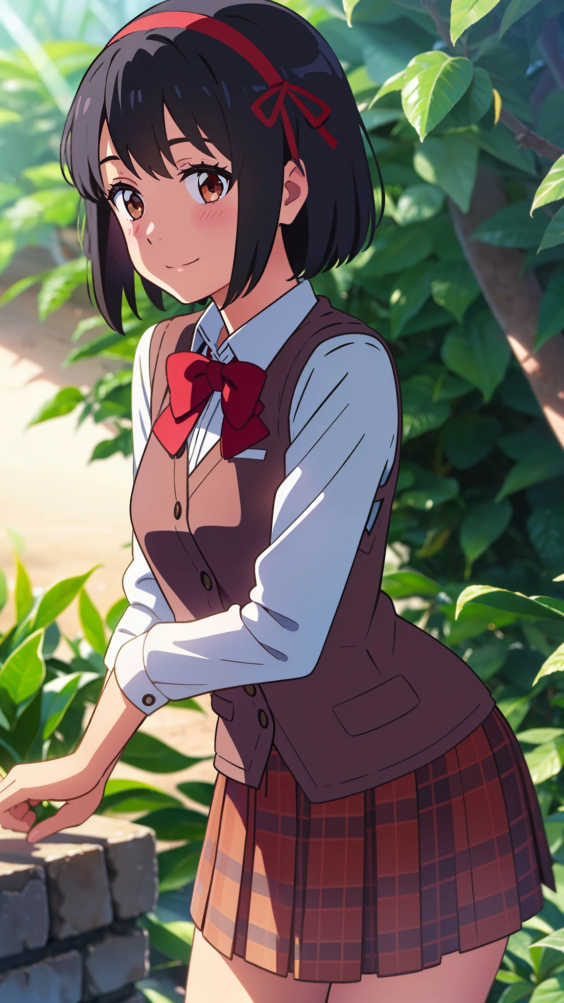 shinkai makoto, kimi no na wa., 1girl, bangs, black hair, blush, brown eyes, shiny skin, red headband, red ribbon, red bow, White dress shirts, Plaid vest, skirt, plaid skirt, shorts, short hair, smile, cute, solo, upper body, happy, Rainforest background, in the forest