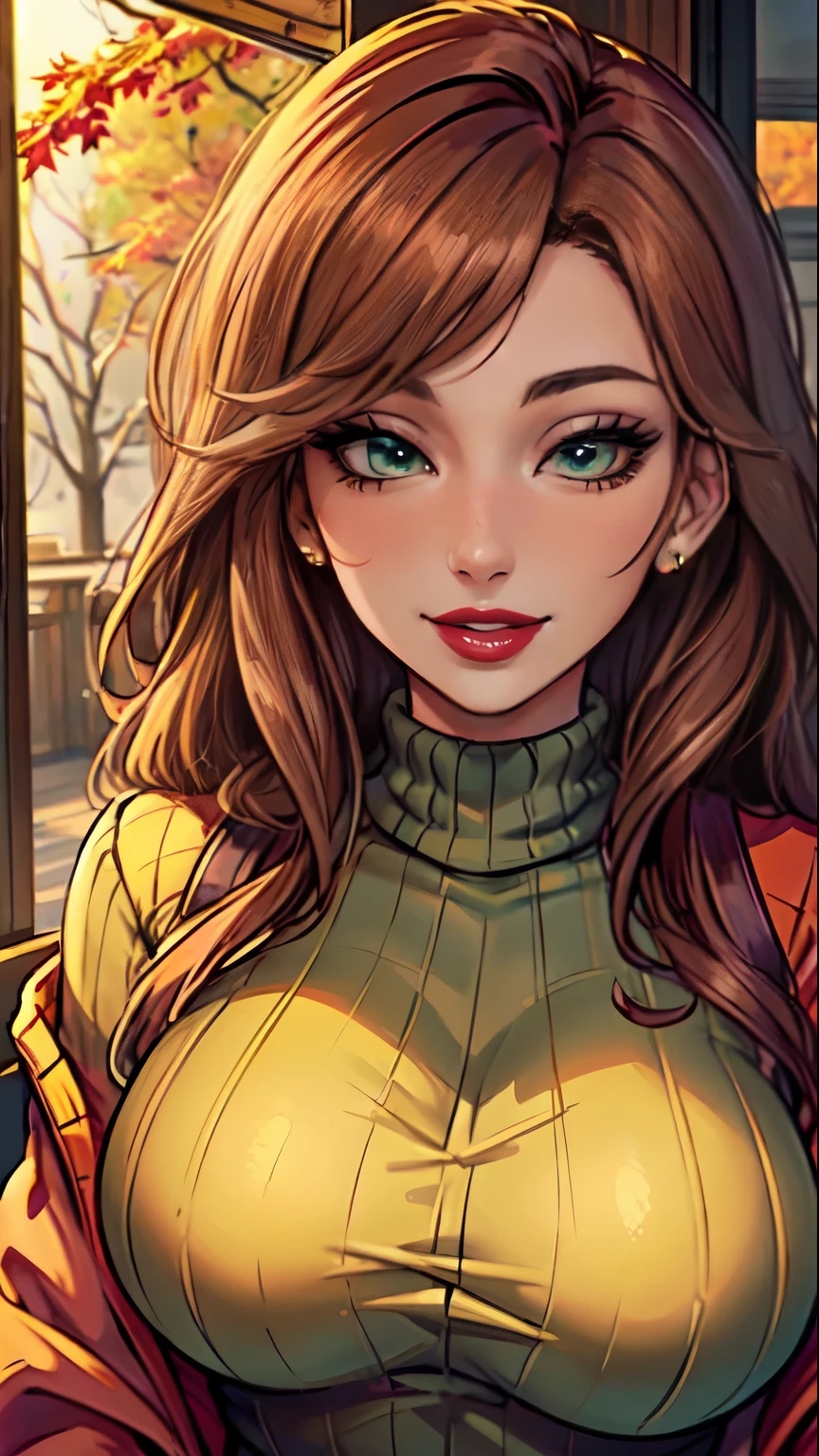 Masterpiece, raw,  beautiful art, professional artist, 8k, art style by sciamano240, very detailed face, very detailed hair, (1girl), caressing each other, perfectly drawn body, beautiful face, long brown hair , very detailed light green eyes , rosey cheeks, intricate details in eyes, sultry smile, looking directly at viewer , lusty expression, lipstick, very close up on face, wearing jacket ,sweater, sunny fall setting, 