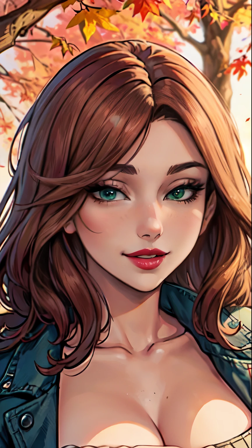Masterpiece, raw, beautiful art, professional artist, 8k, art style by sciamano240, very detailed face, very detailed hair, (1girl), caressing each other, perfectly drawn body, beautiful face, long brown hair , very detailed light green eyes , rosey cheeks, intricate details in eyes, sultry smile, looking directly at viewer , lusty expression, lipstick, very close up on face, wearing jacket ,sweater, sunny fall setting,