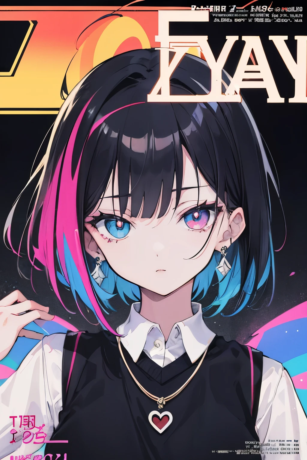 ((best quality)), perfect face, anime 90s retro style, grunge, tokyo city, cartoon,illustration,grunge, neon colorful eyes, woman, tomboy haircut, very short hair, black hair, dark energy,emo clothes style,almond eyes, boy haircut, sweater colorful vest clothes, night,(zoom out), emo style clothes, half body, tall girl, layered hair,(1999 anime), vintage magazine cover, colorful neon, additional details, accurate eyes, symmetrical eyes,magazine cover, rainbow eyes, (yoasobi art style ), cool, accessories, hair accessories, necklace fashion, earrings 