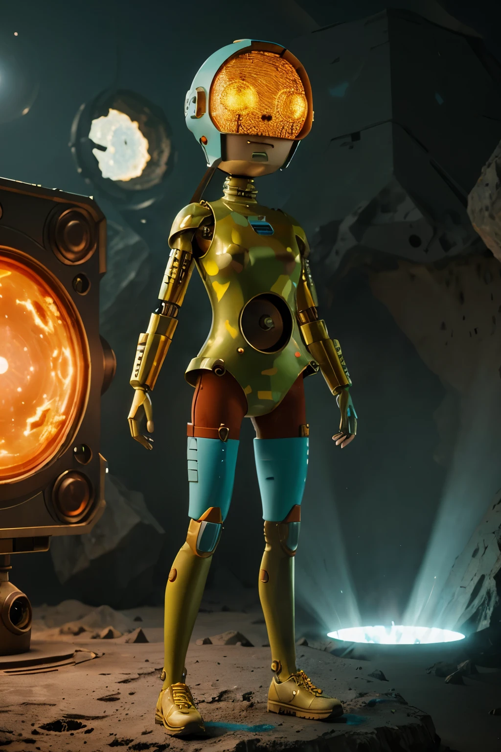 A Modern flat toon Crazy whit a Only Eye Robot and helmet Style, tongs in hands, Tv head, pinhead, camouflage Cyan Yellow Rusty, Ambient in a meteorite crater super detailed, center, beautiful, soft lighting, focused on the character, 4K resolution, photorealistic rendering.