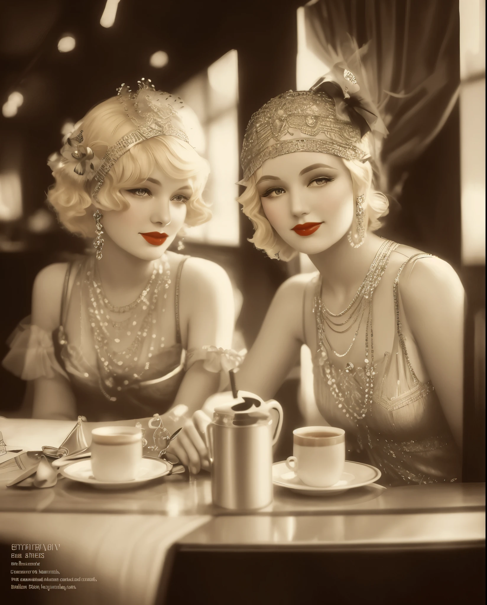 Two women in trendy dresses sitting at the table,Coffee on hand, 1920s atmosphere, 1 9 2 0 s style, 1920s style, Roaring 20s, 1 9 2 0 s fabric style, Dressed in 1920s fashion, roaring twenties, Dystopian retro 1920s vibe, Art Deco era,(blond:1.34),