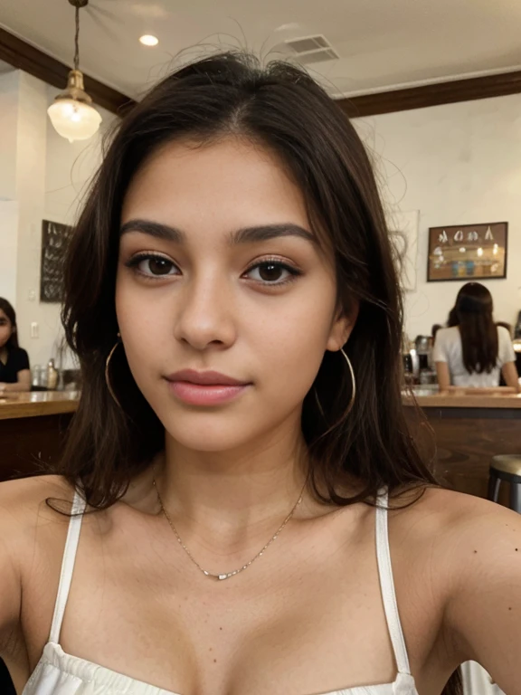 Photo of a 20 year old brunette woman, hispanic that has a very natural face, thin lips, thin eyes, thin eyebrows, thin nose, earrings, long eyelashes. She makes a cute selfie in a cafe