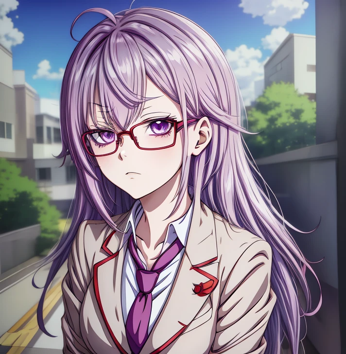cartoon drawing of a person with a purple hair and a red tie, in an anime style, inspired by Un'ichi Hiratsuka, inspired by Matsumura Goshun, anime catboy, anime moe artstyle, sad vampire, in anime style, she has purple hair, tired haunted expression, tired and haunted expression, 2 d anime style, anime cat, glasses on head