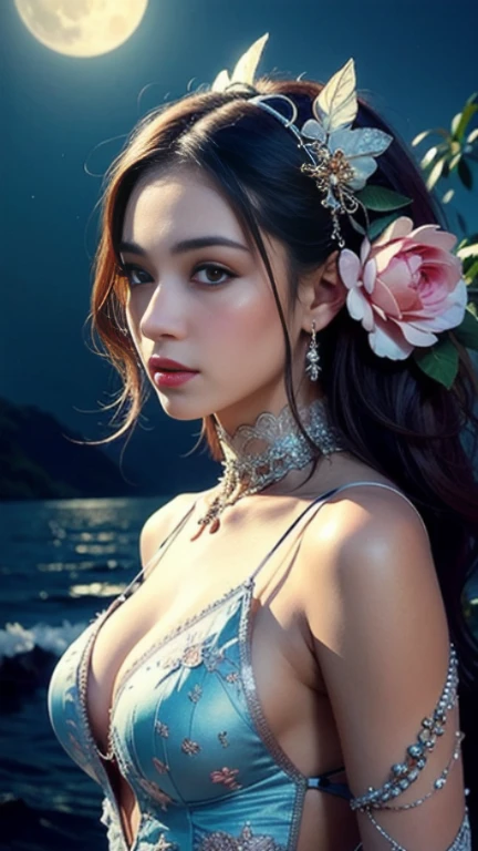 (masterpiece, top quality, best quality, official art, beautiful woman and aesthetic:1.2), (1girl), extreme detailed,(fractal art:1.3),colorful,highest detailed,upper body, [lace],[jewelry],[flower],[[butterfly]] , large moon at the sea background
