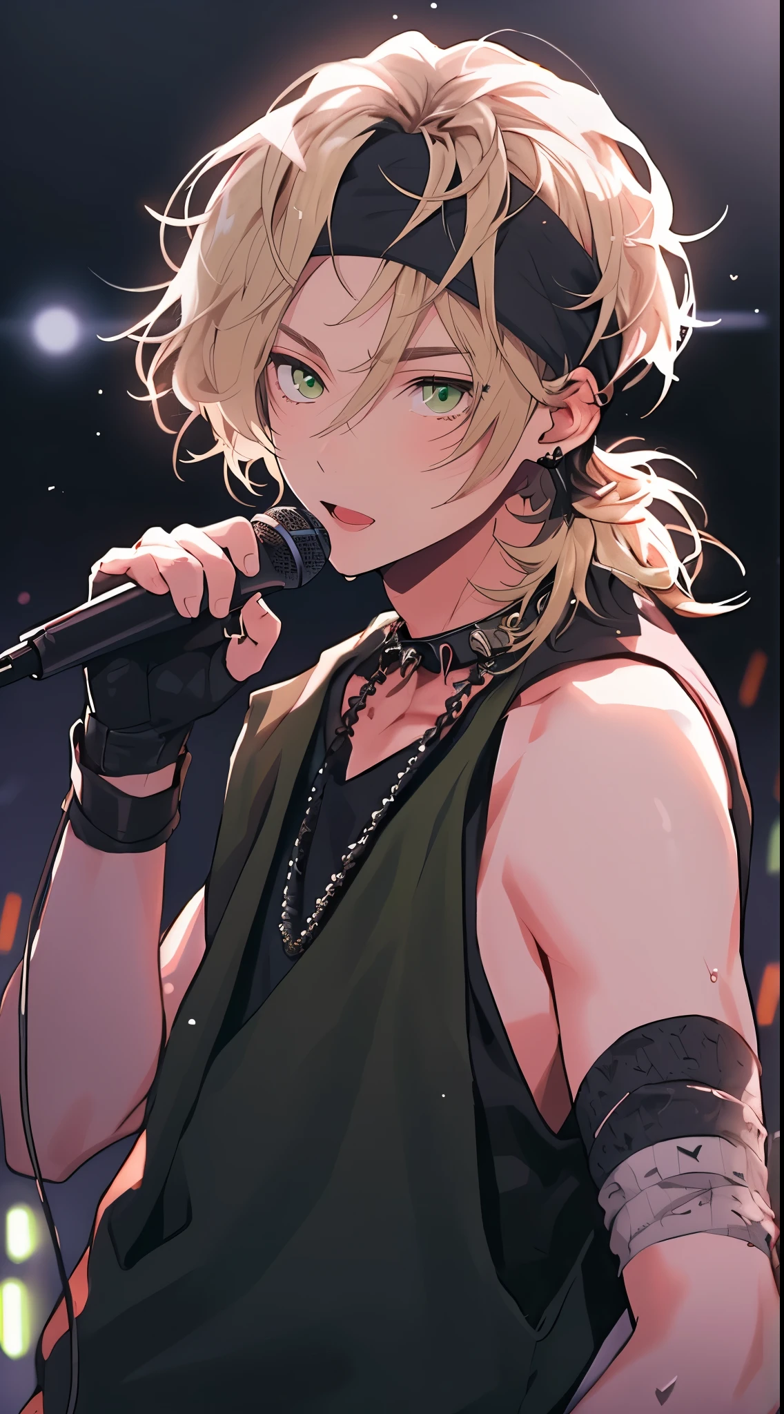 Beautiful young man, blond hair, black sleeveless hoodie, black headband across forehead, playful expression, looking at camera, microphone in one hand, stage background, green stage lights, gradient background,high quality, amount of drawing, pixiv illustration