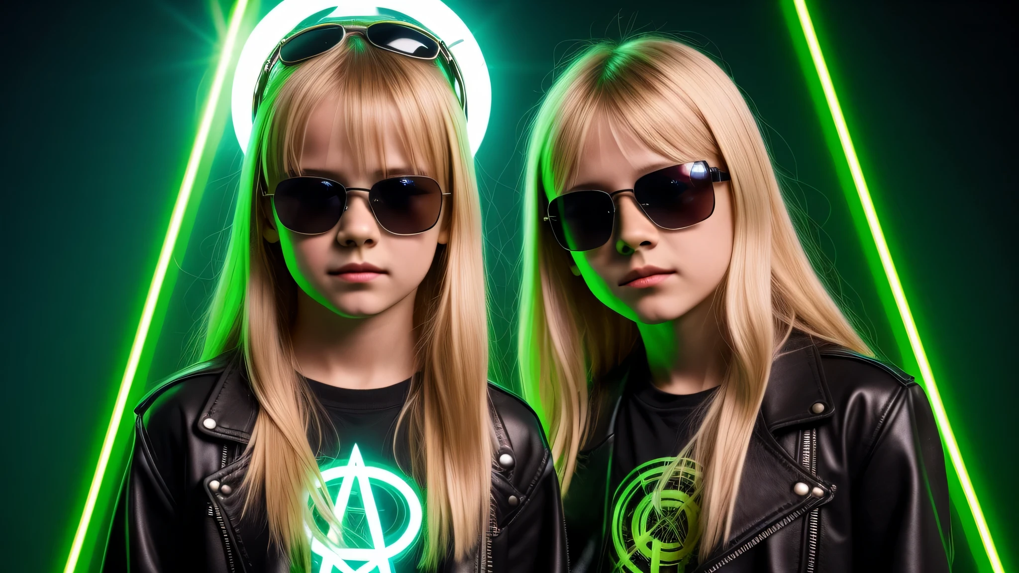 image of a kids girls blonde with sunglasses and a sign, halo on fire, heavy metal band promo, green lasers.