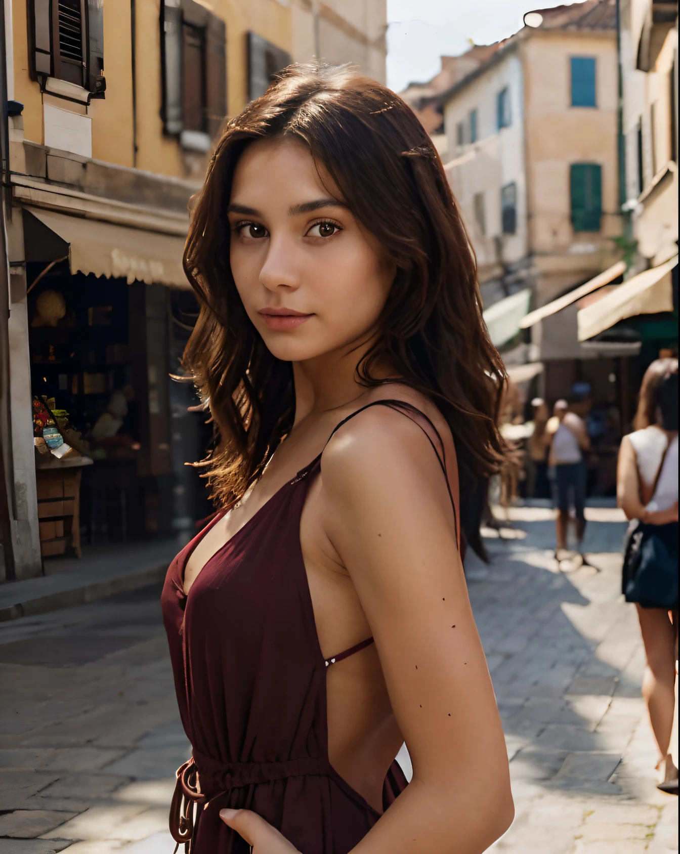 femme explorant une vieille place de marché italienne, porter une robe longue marron, cheveux châtain foncé ondulés, selfie d&#39;une jeune femme, sans maquillage, Maquillage naturel, regarder directement la caméra, maquillage subtil, stunning tout le corps shot, yeux marron perçants, bel angle, pose attrayante, jolie fille, latine, Vanessa Hudgens, tout le corps picture, tout le corps, tout le corps shoot, détail élevé, pose satisfaite, Corps mince, (Beau visage détaillé, beaux yeux détaillés), Briller, transpirer, (rayon de soleil, lumière du soleil),